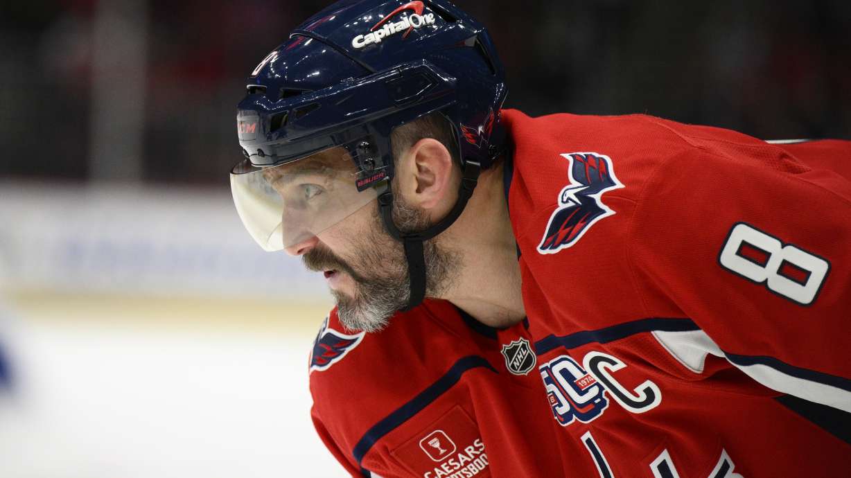 FILE - Washington Capitals left wing Alex Ovechkin looks on during the first period of an NHL hockey game against the Toronto Maple Leafs, Nov. 13, 2024, in Washington.
