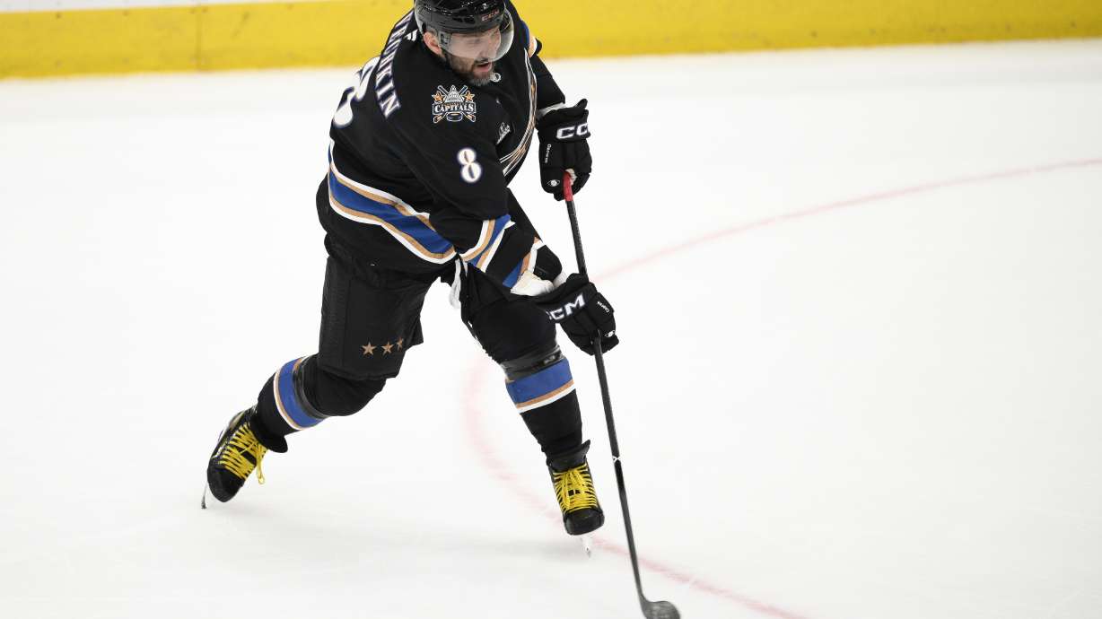FILE - Washington Capitals left wing Alex Ovechkin (8) shoots the puck during the third period of an NHL hockey game against the Nashville Predators, Nov. 6, 2024, in Washington.