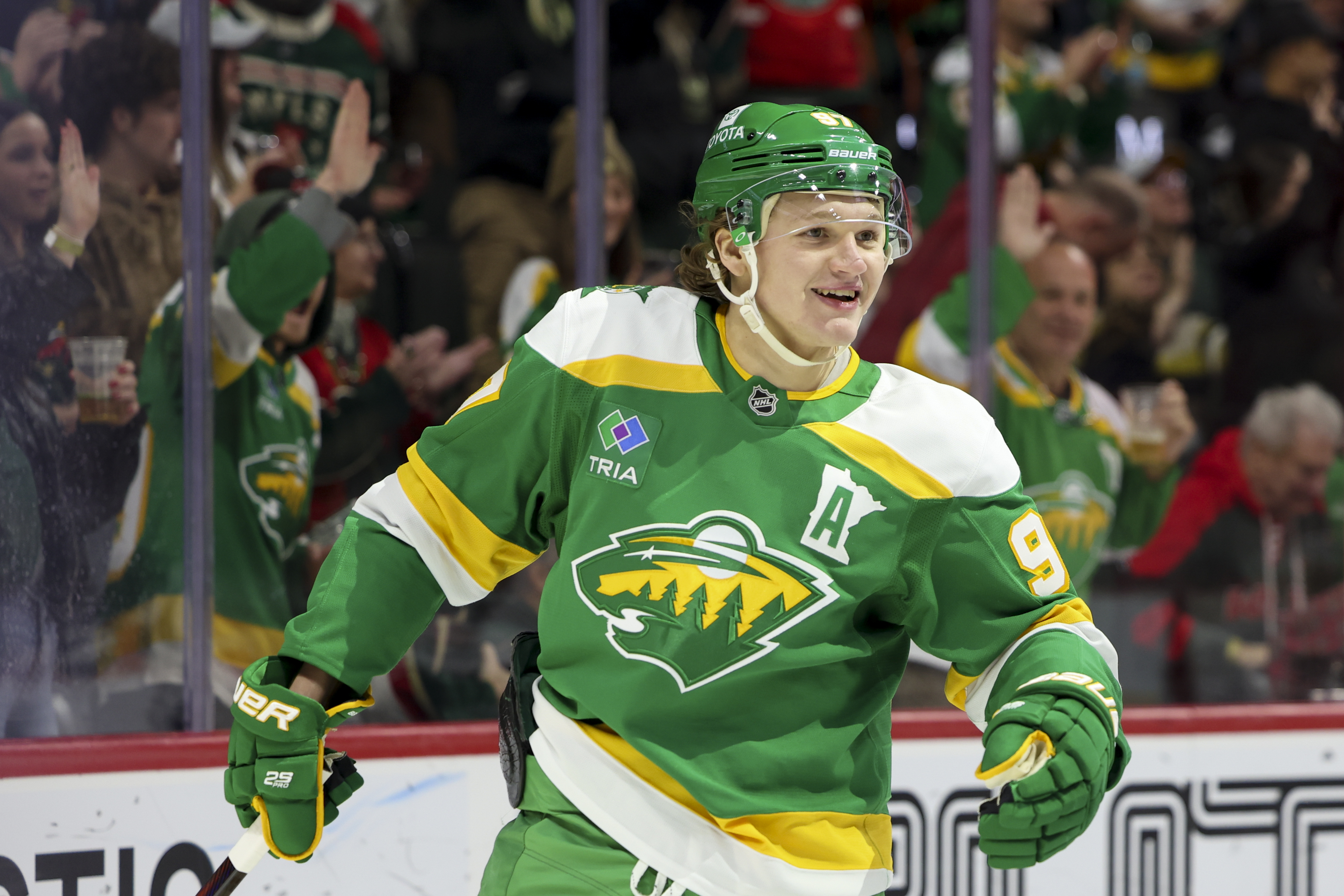 Minnesota Wild left wing Kirill Kaprizov (97) celebrates after scoring a goal during the first period of an NHL hockey game against the Chicago Blackhawks, Monday, Dec. 23, 2024, in St. Paul, Minn. 