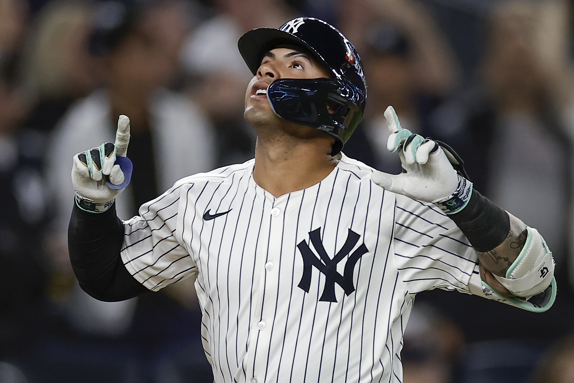 FILE - New York Yankees' Gleyber Torres reacts after hitting a two-run home run against the Kansas City Royals during the third inning Game 1 of the American League baseball division series, Saturday, Oct. 5, 2024, in New York.