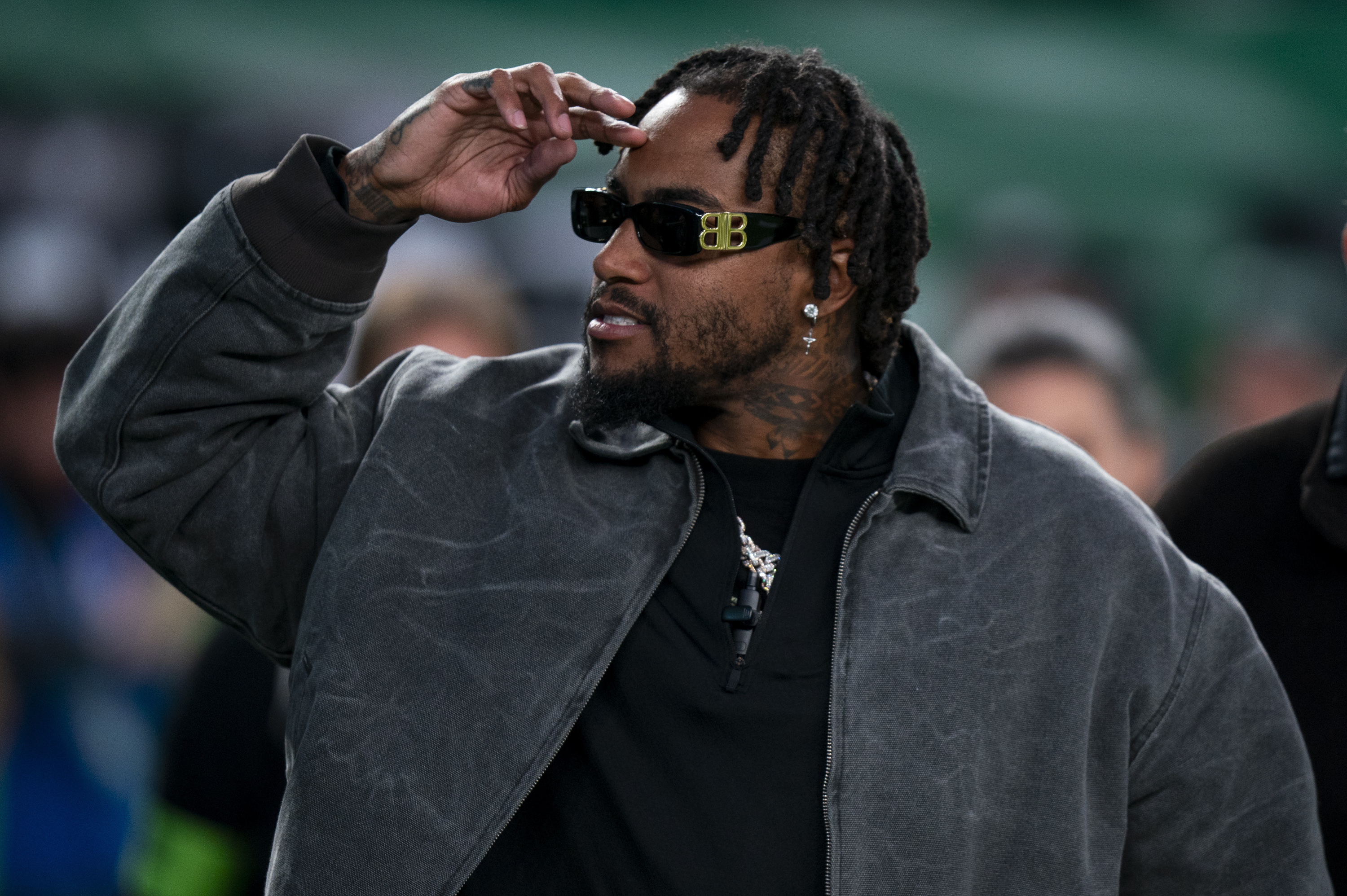 FILE - Former Philadelphia Eagles DeSean Jackson reacts to the crowd prior to the NFL football game against the Miami Dolphins, Sunday, Oct. 22, 2023, in Philadelphia.
