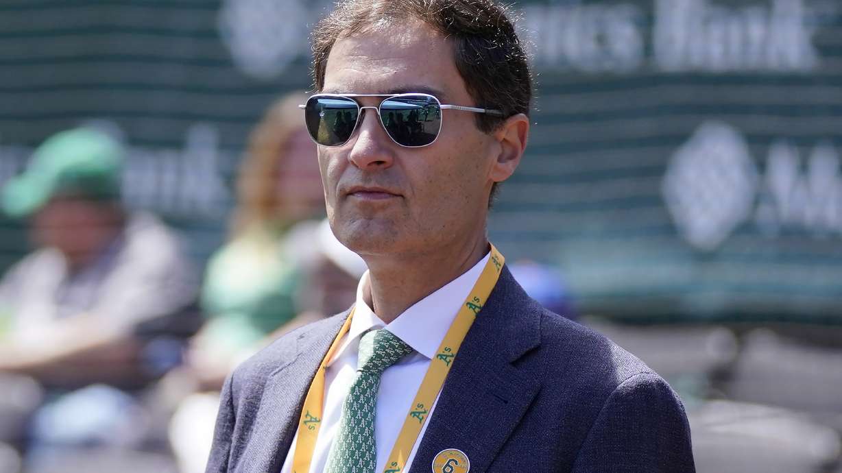 FILE - Oakland Athletics President Dave Kaval before a baseball game between the Athletics and the New York Mets in Oakland, Calif., Sunday, April 16, 2023.