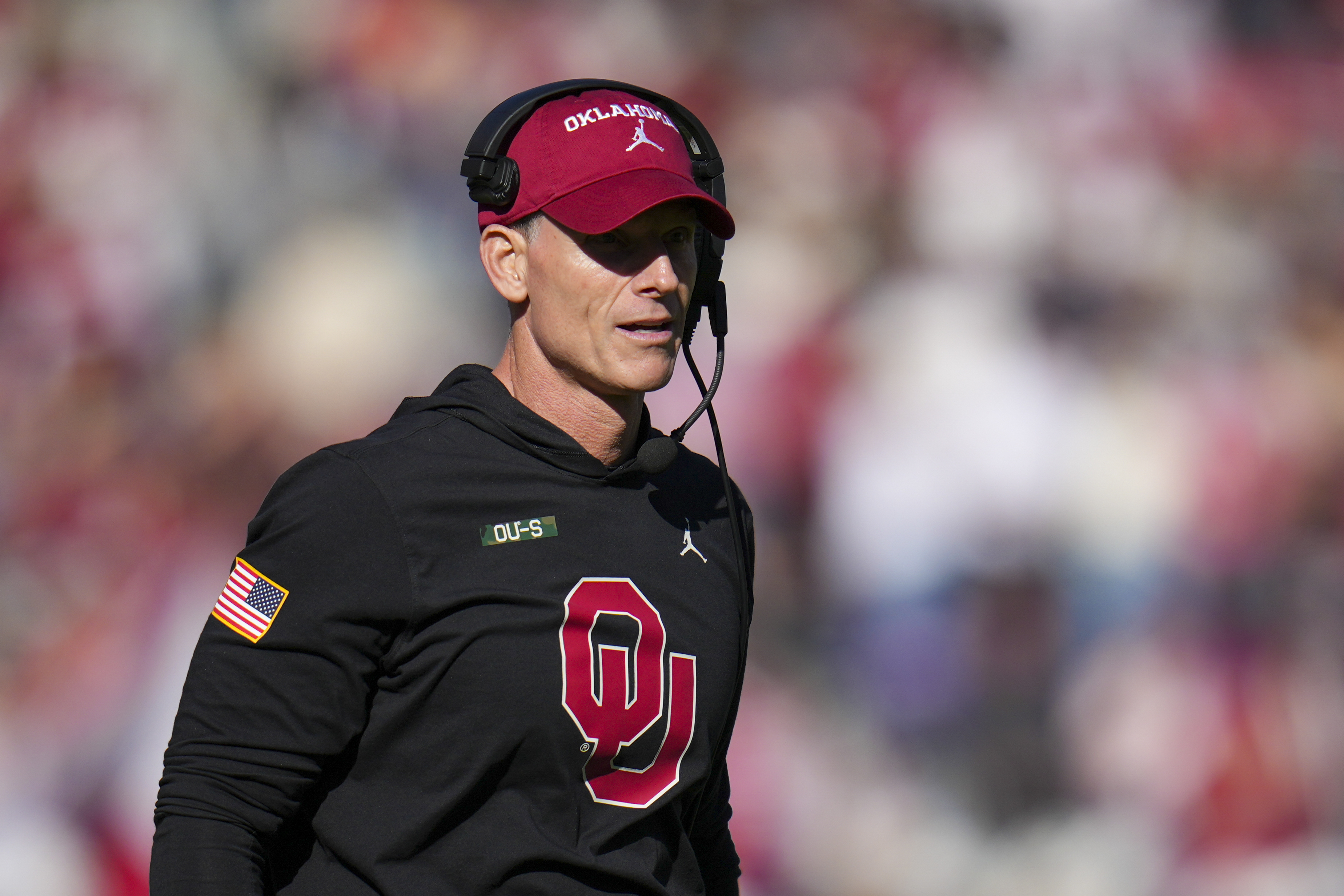 Oklahoma head coach Brent Venables looks on during the first half of the Armed Forces Bowl NCAA college football game against Navy, Friday, Dec. 27, 2024, in Fort Worth, Texas.