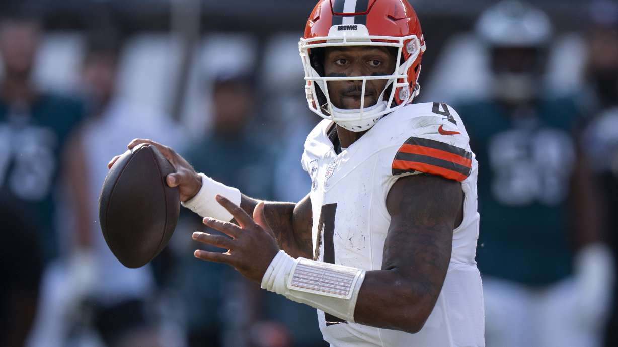 FILE - Cleveland Browns quarterback Deshaun Watson (4) in action during the NFL football game against the Philadelphia Eagles on Oct. 13, 2024, in Philadelphia.