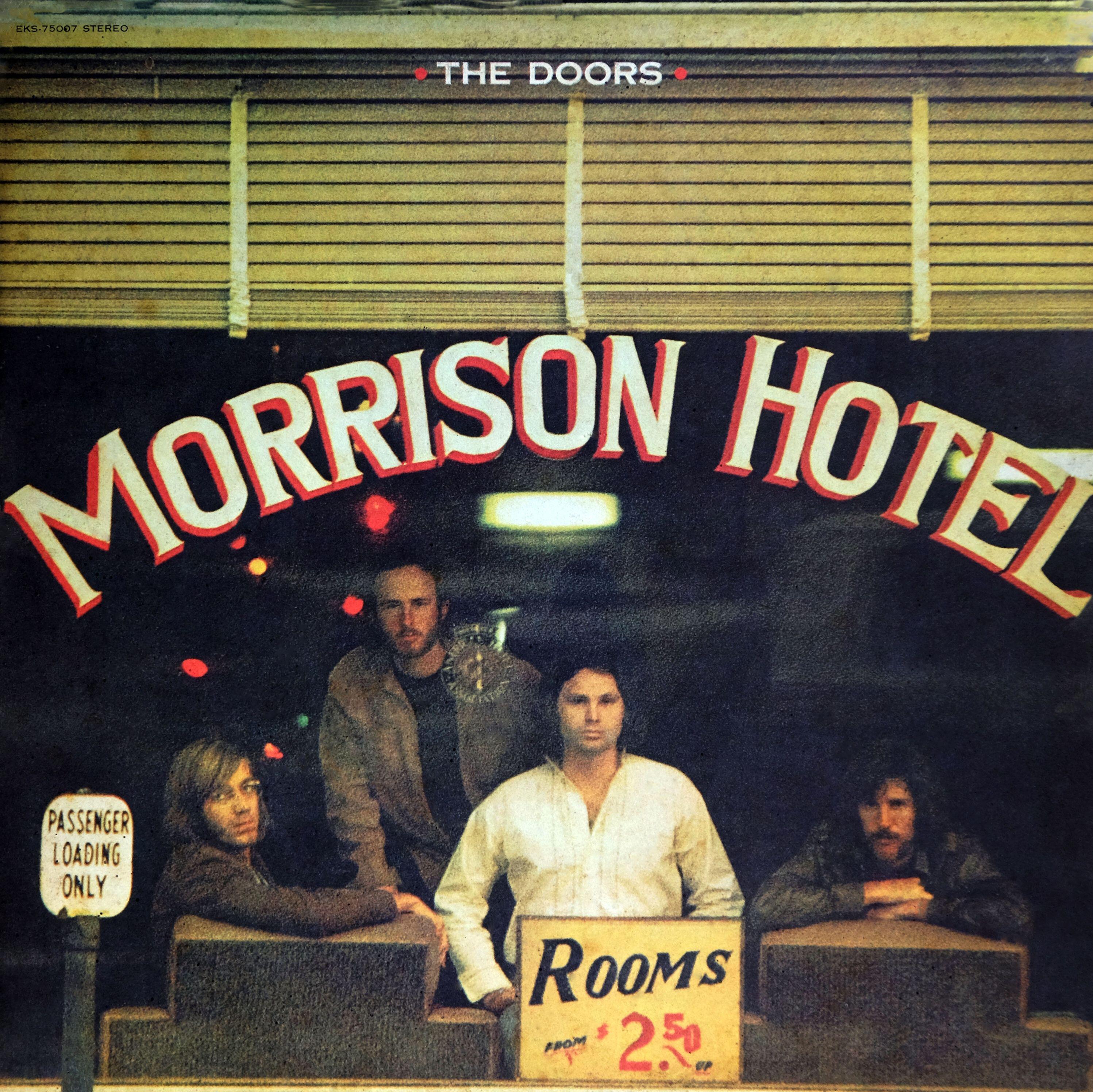 The iconic cover of The Doors' album featuring the front window of the Morrison Hotel in Los Angeles. The hotel was significantly damaged in a fire Thursday.