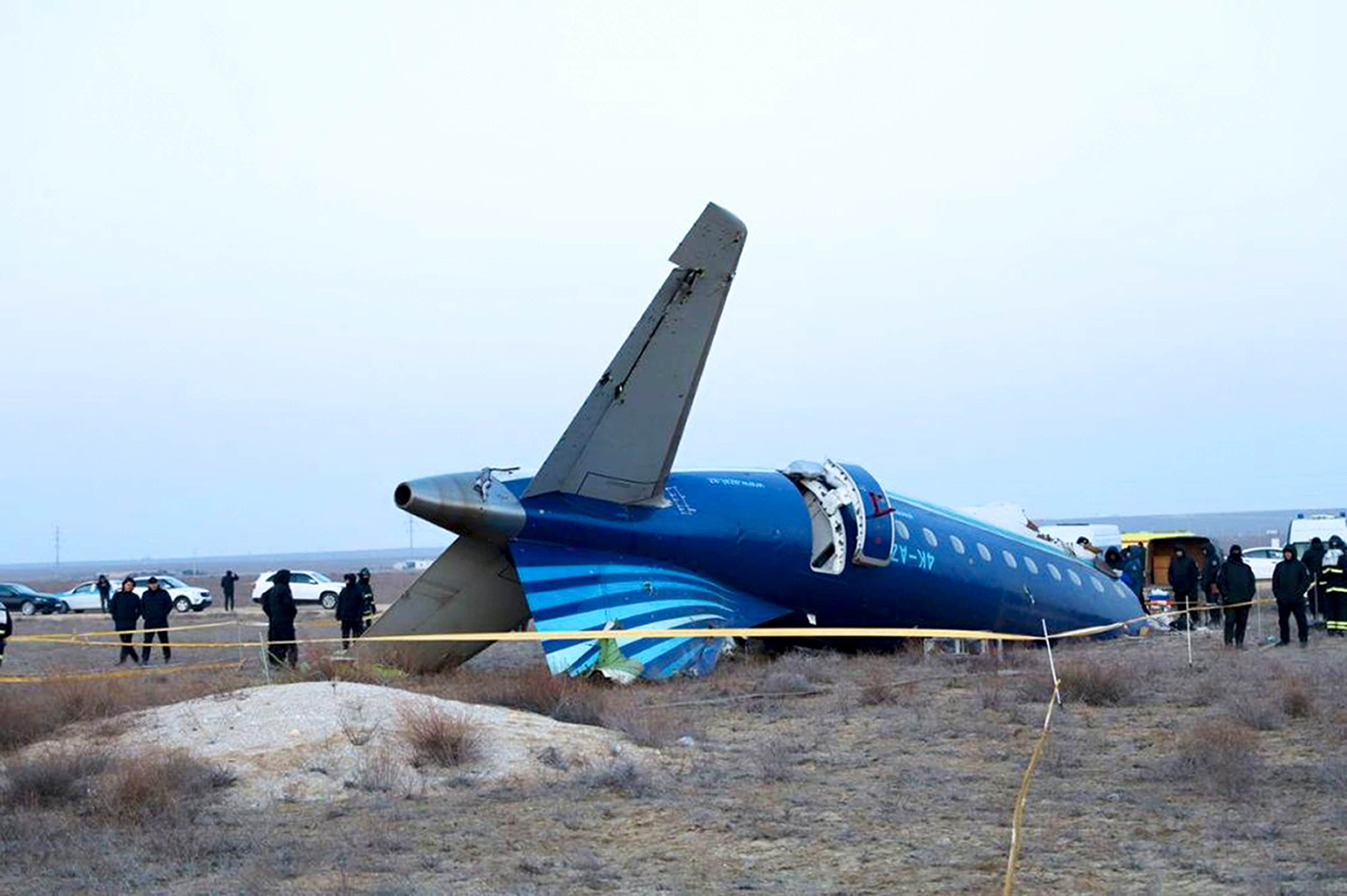 A still taken from a video released by the administration of Mangystau region shows a part of Azerbaijan Airlines' Embraer 190 on the ground near the airport of Aktau, Kazakhstan, on Thursday.