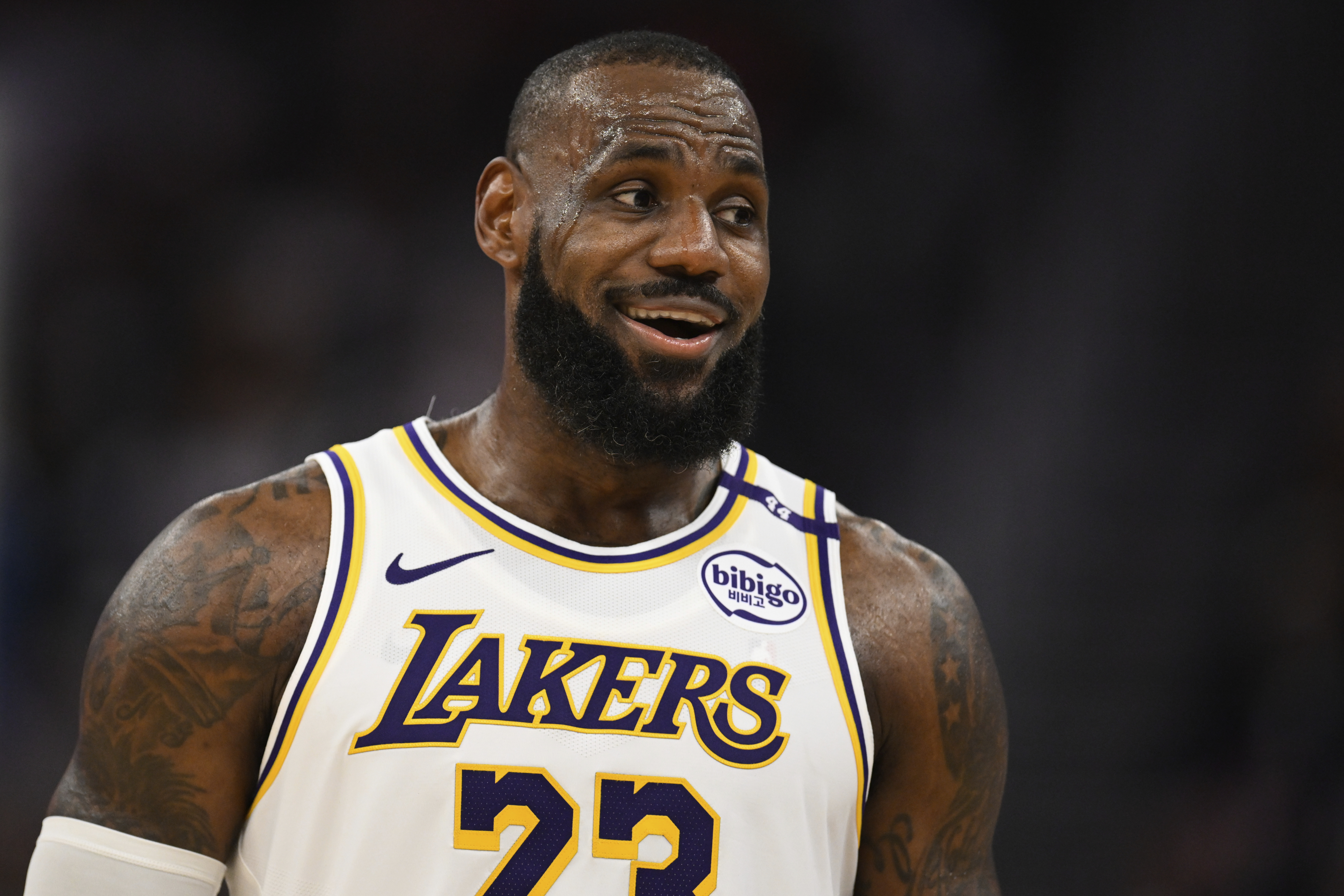 Los Angeles Lakers forward LeBron James (23) looks on during the first half of an NBA basketball game against the Golden State Warriors, Wednesday, Dec. 25, 2024, in San Francisco. 