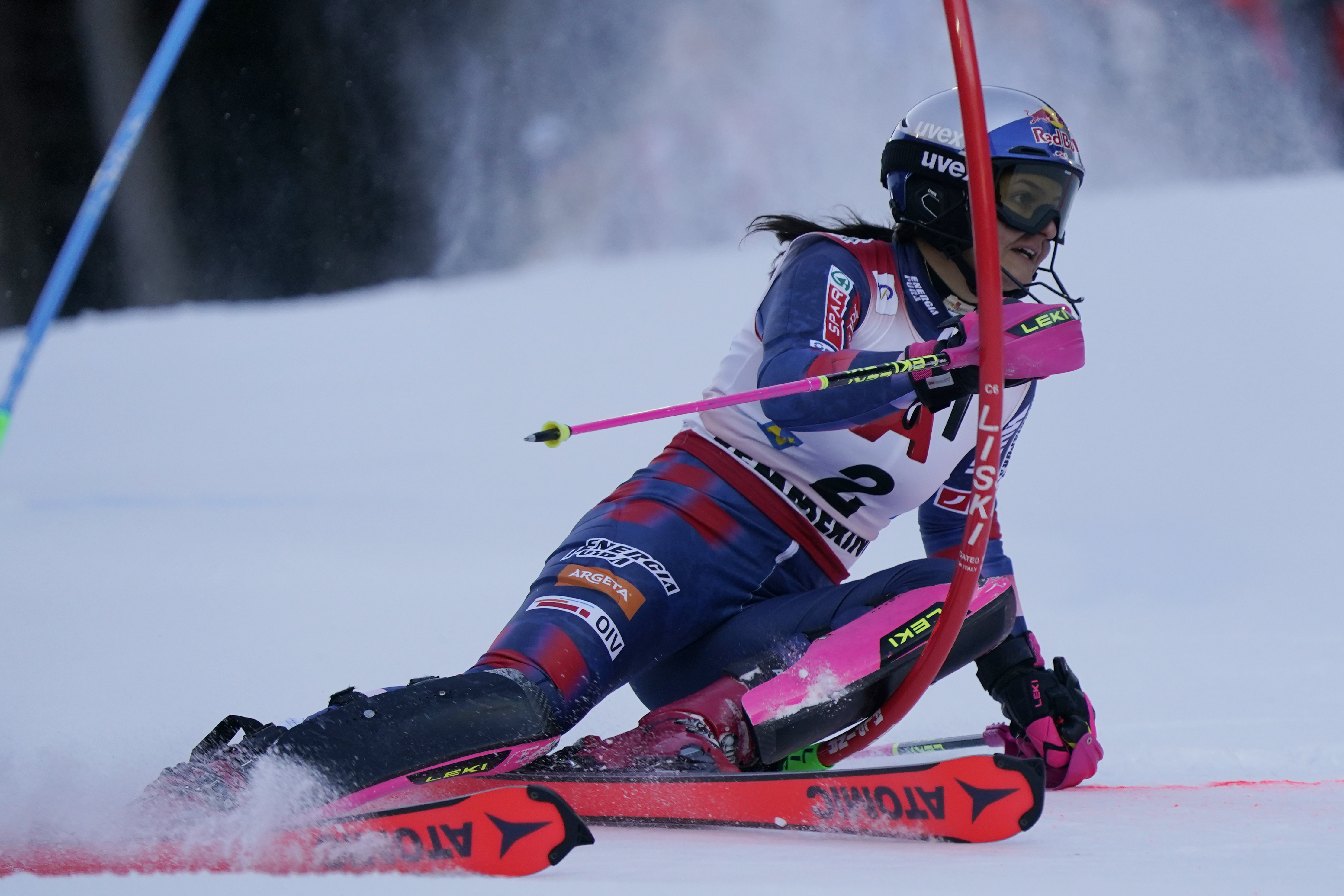 Croatia's Zrinka Ljutic speeds down the course during an alpine ski, women's World Cup slalom race, in Semmering, Austria, Sunday, Dec. 29, 2024.