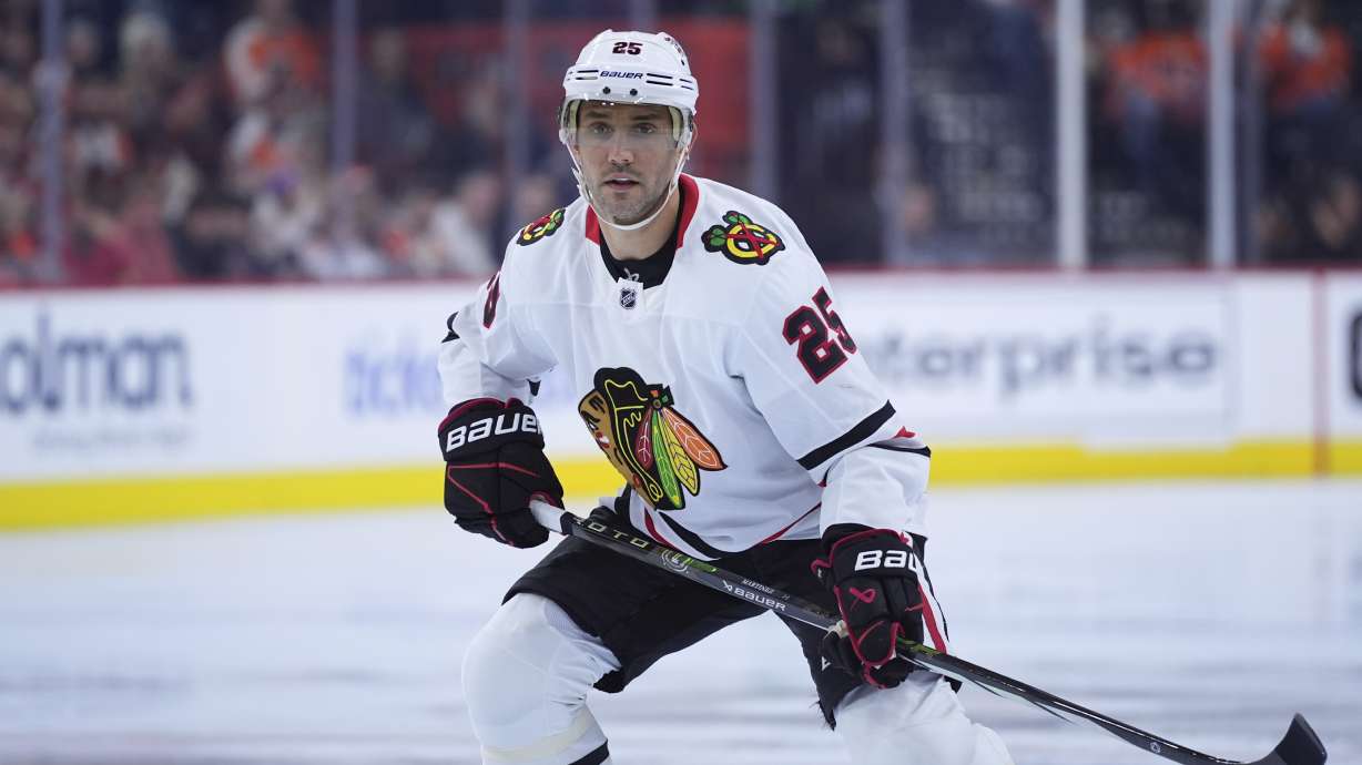 FILE - Chicago Blackhawks' Alec Martinez plays during an NHL hockey game, on Nov. 23, 2024, in Philadelphia.