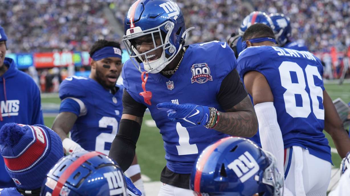 New York Giants wide receiver Malik Nabers (1) celebrates after catching a touchdown pass against the Indianapolis Colts in the first half of an NFL football game Sunday, Dec. 29, 2024, in East Rutherford, N.J.