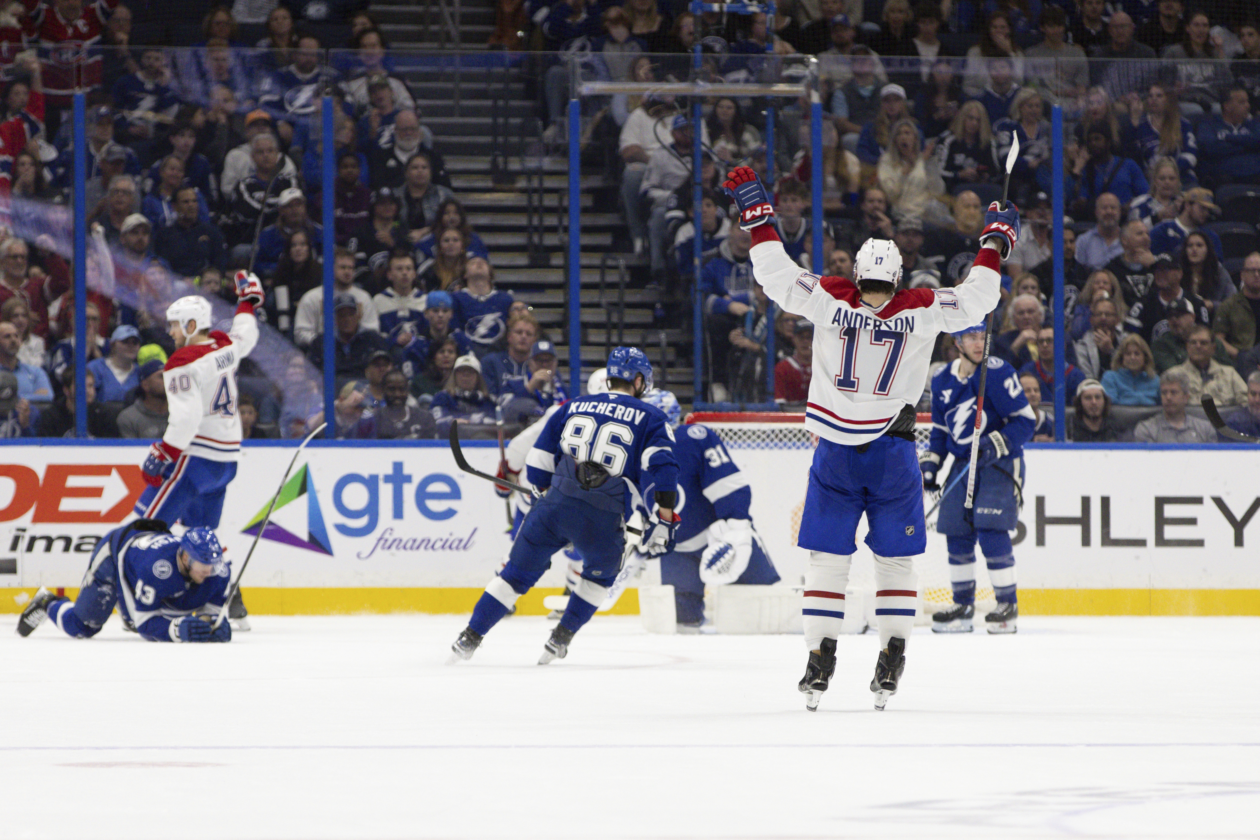 Montreal Canadiens right wing Josh Anderson (17) celebrates after a goal during the second period of an NHL hockey game against the Tampa Bay Lightning, Sunday, Dec. 29, 2024, in Tampa, Fla.
