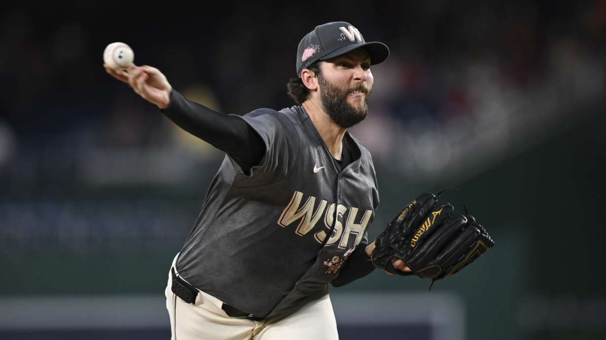 FILE - Washington Nationals pitcher Trevor Williams throws during the first inning of a baseball game against the Philadelphia Phillies, Friday, Sep. 27, 2024, in Washington.
