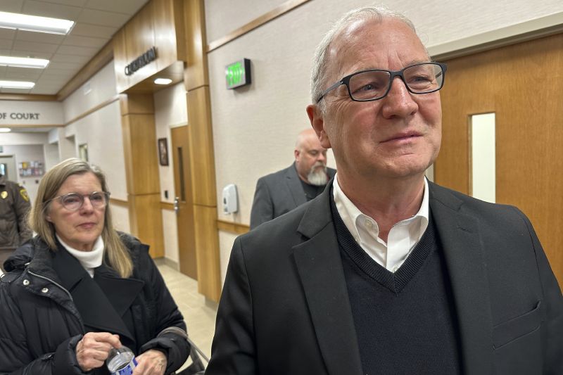 Sen. Kevin Cramer, R-N.D., speaks to reporters as his wife Kris Cramer, left, looks on, after the sentencing of his son, Ian Cramer, at the Mercer County Courthouse in Stanton, N.D., on Monday.