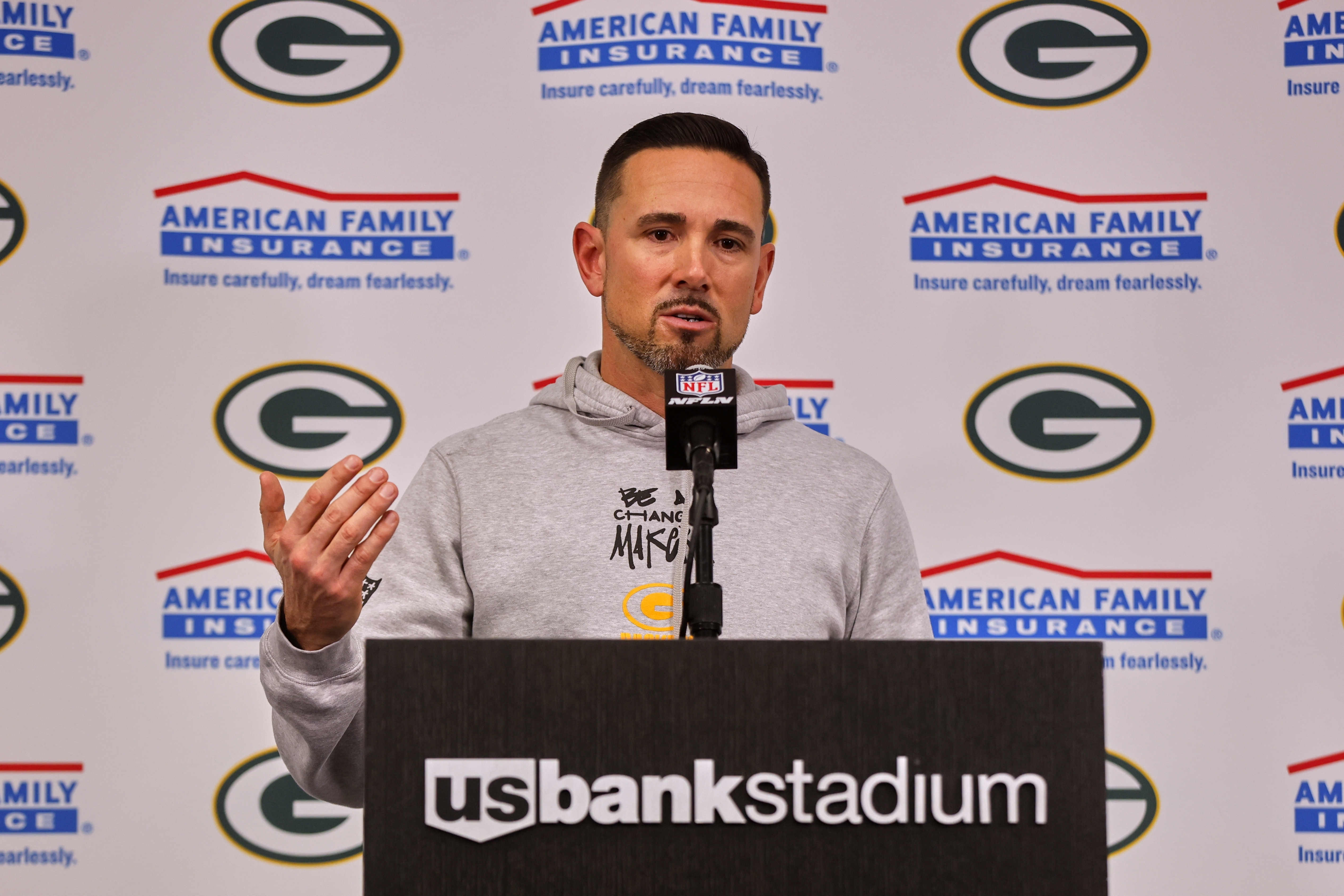 Green Bay Packers head coach Matt LaFleur talks after an NFL football game against the Minnesota Vikings Sunday, Dec. 29, 2024, in Minneapolis.