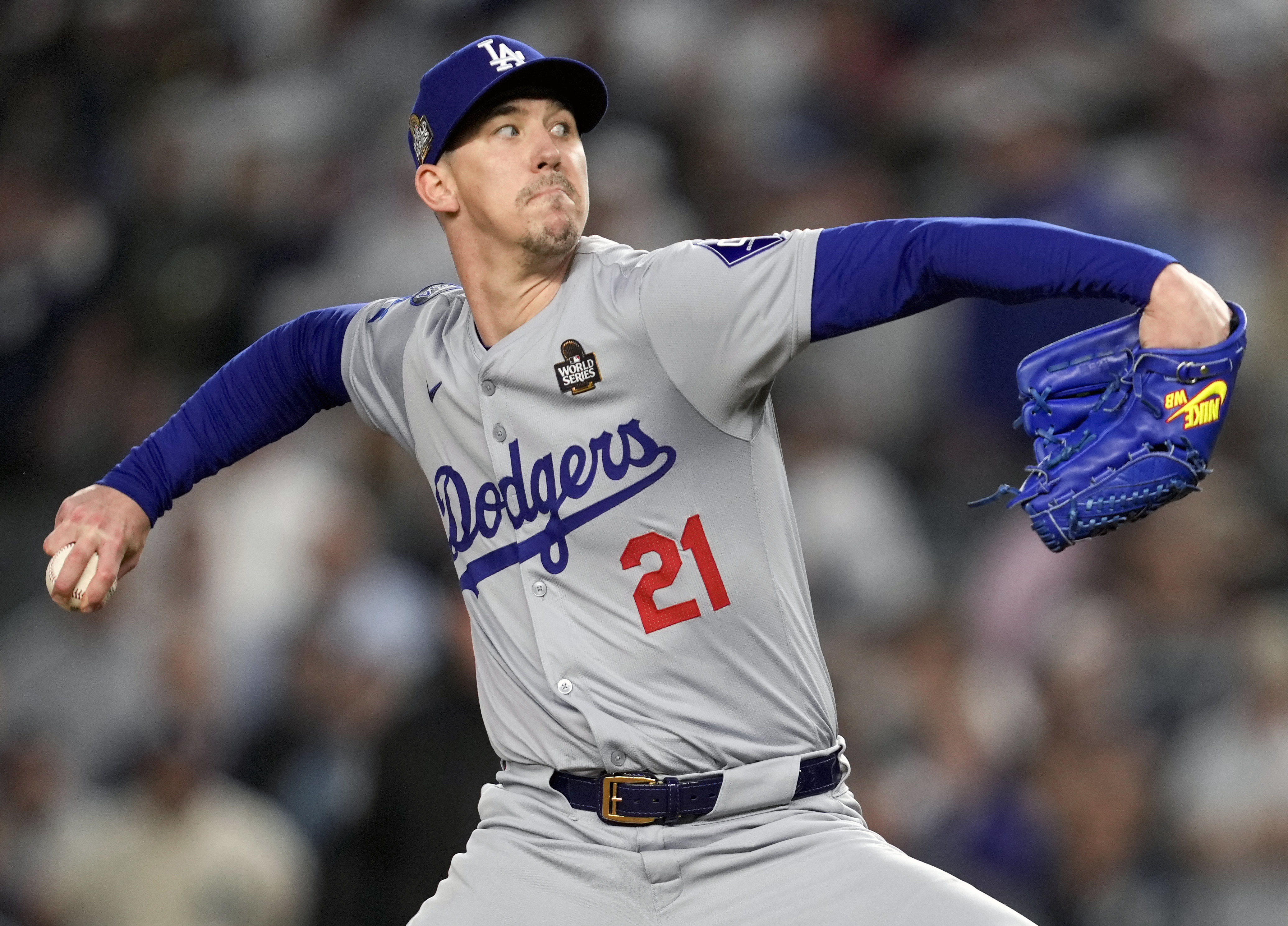 FILE - Los Angeles Dodgers pitcher Walker Buehler throws against the New York Yankees during the ninth inning in Game 5 of the baseball World Series, Oct. 30, 2024, in New York.