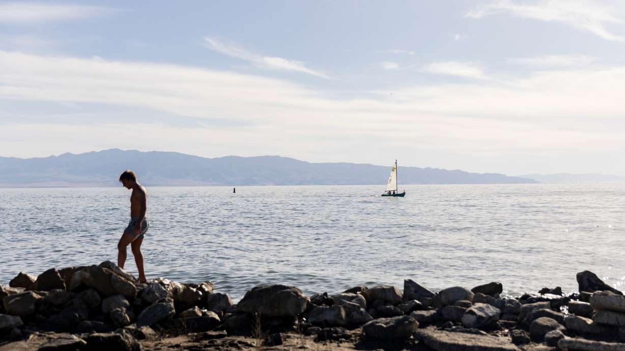 Water crashes onto rocks at the Great Salt Lake State Park in Magna on June 15. Policy changes to benefit the lake was emphasized in Gov. Spencer Cox's first term.