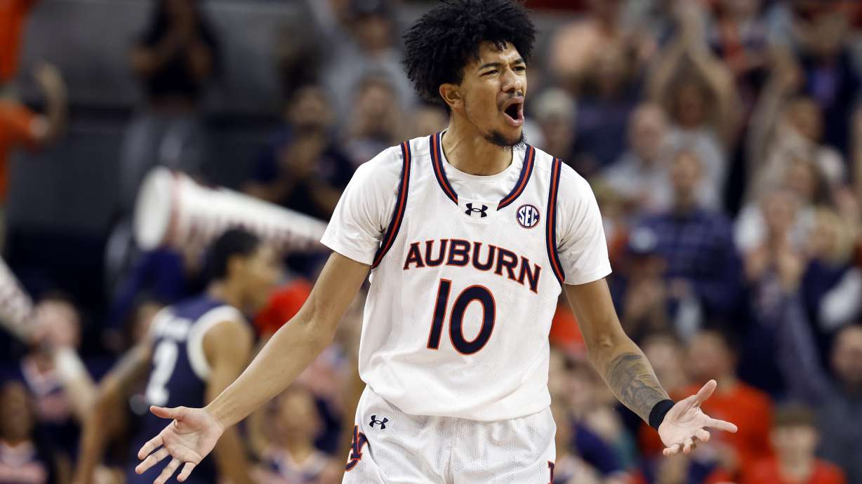 Auburn guard Chad Baker-Mazara reacts to a play during the first half of an NCAA college basketball game against Monmouth, Monday, Dec. 30, 2024, in Auburn, Ala.