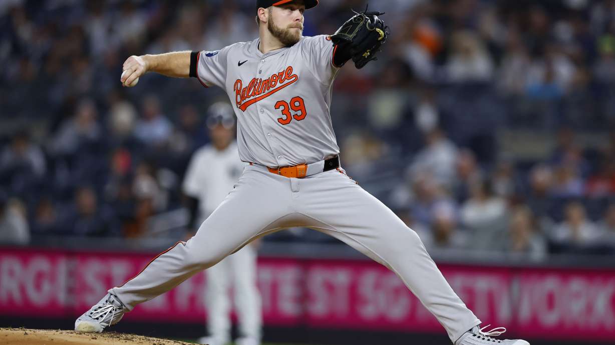 FILE - Baltimore Orioles' Corbin Burnes pitches during the first inning of a baseball game against New York Yankees, Thursday, Sept. 26, 2024, in New York.