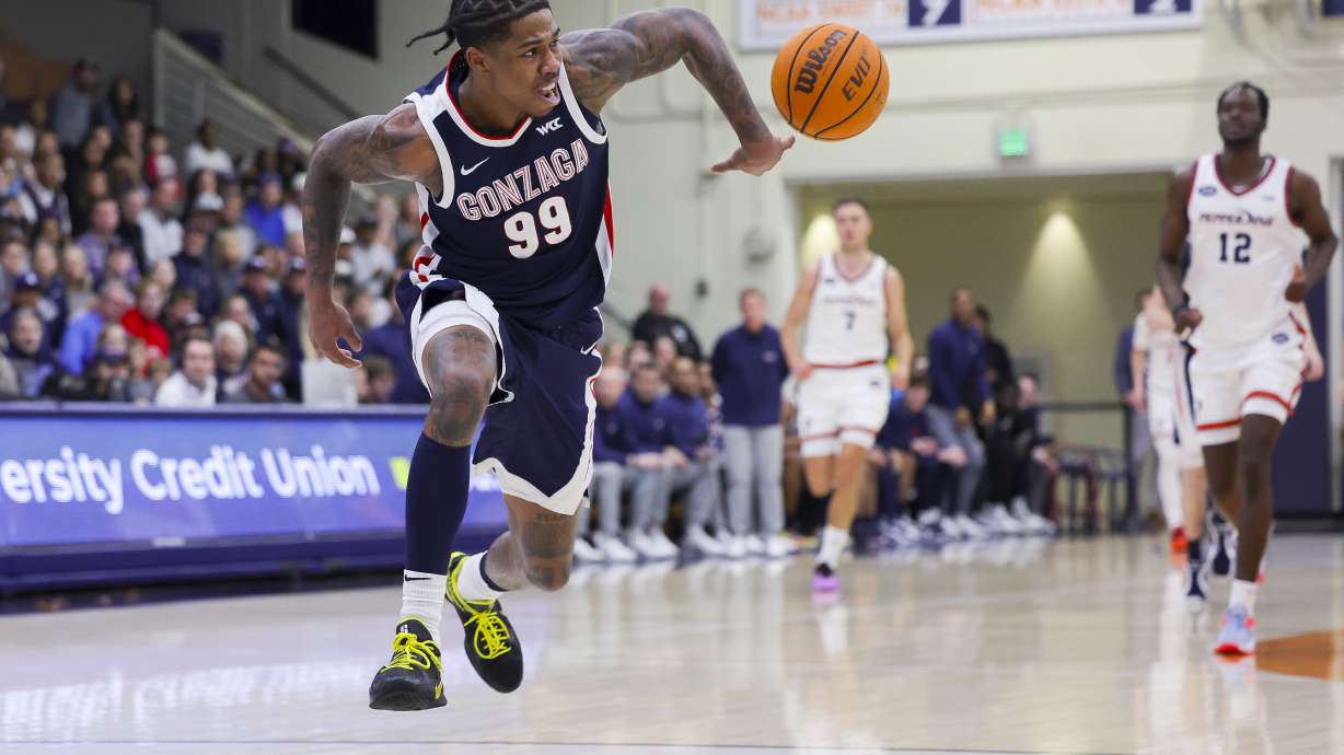 Gonzaga guard Khalif Battle (99) drives during the first half of an NCAA college basketball game against Pepperdine, Monday, Dec. 30, 2024, in Malibu, Calif.