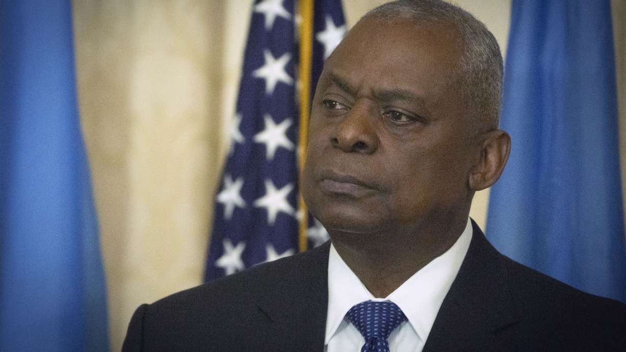 U.S. Secretary of Defense Lloyd Austin speaks in Kyiv, Ukraine, Oct. 21. A military appeals court has ruled against Austin's effort to throw out the plea deals for 9/11 defendants.
