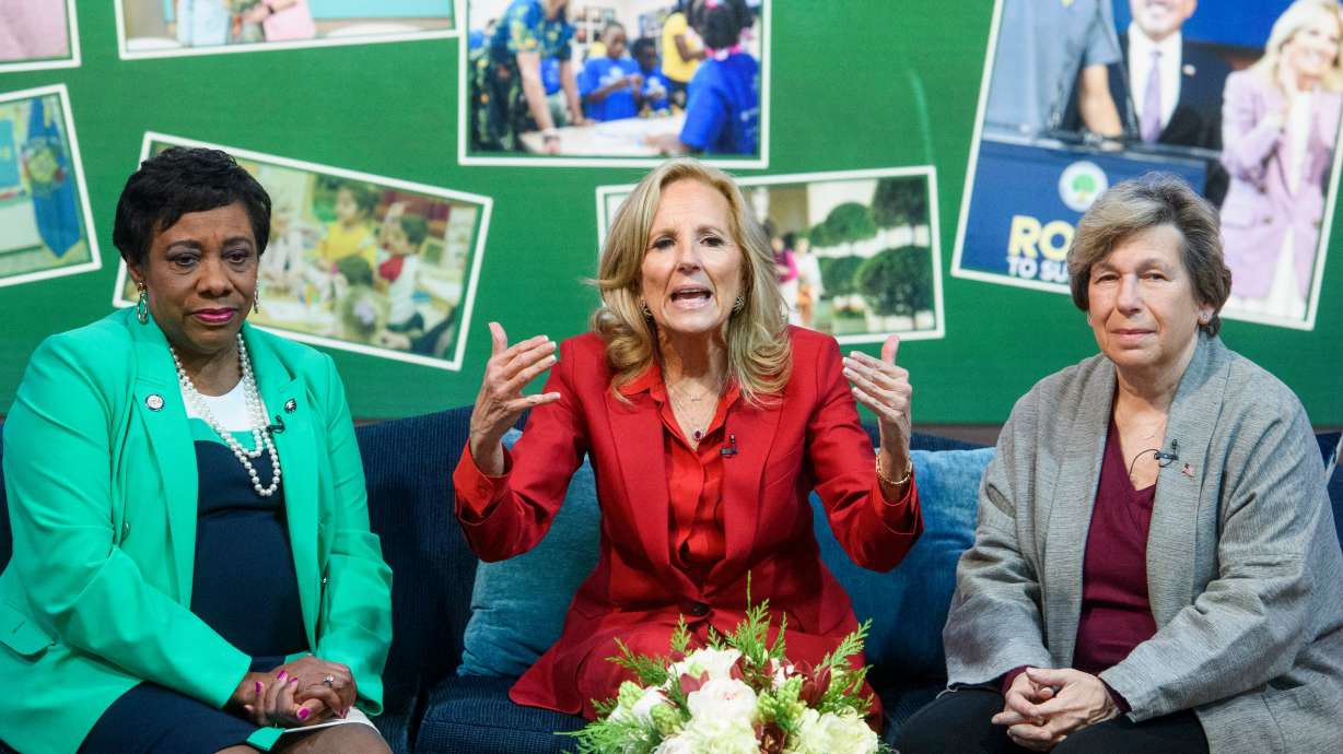 First Lady Jill Biden is joined by Becky Pringle and Randi Weingarten during a virtual event for educators at the White House in Washington, on Dec. 16.