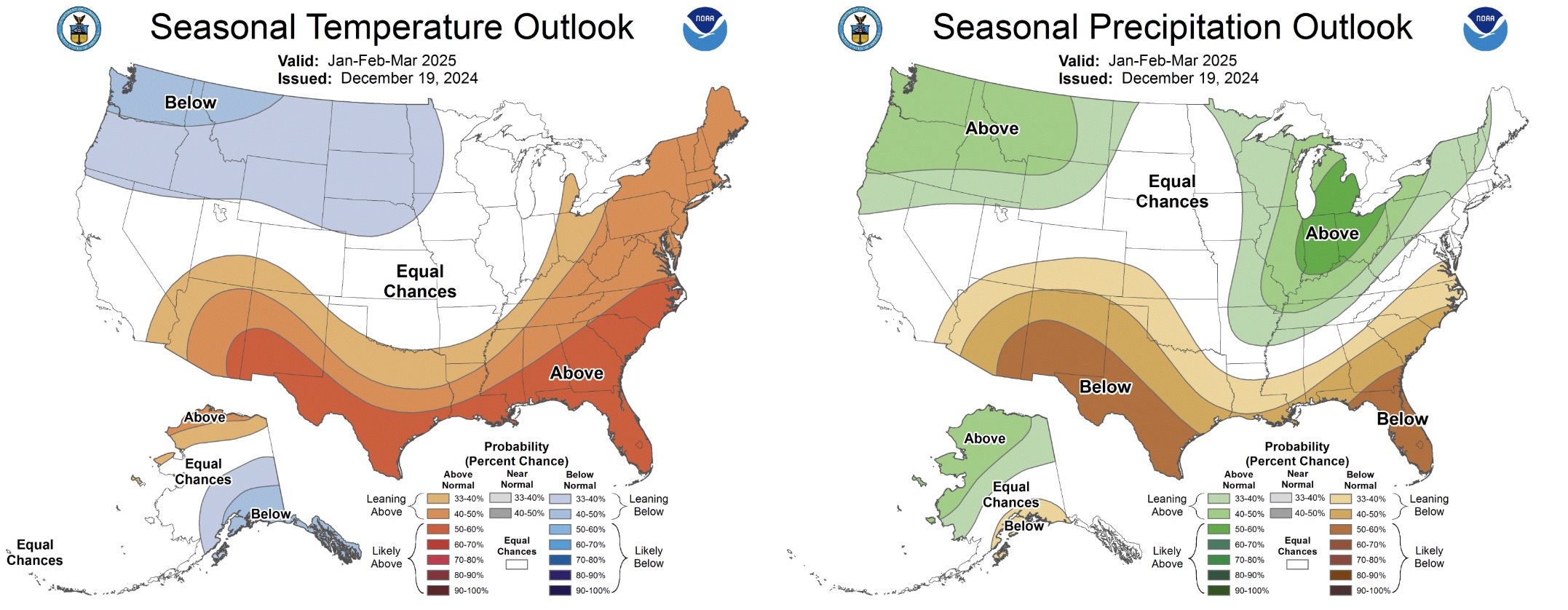 These maps show the temperature and precipitation probability for the U.S. between Jan. 1 and March 31, 2025. Colder and wetter conditions are slightly more likely in northern Utah, while warmer and drier conditions could continue in southern Utah.