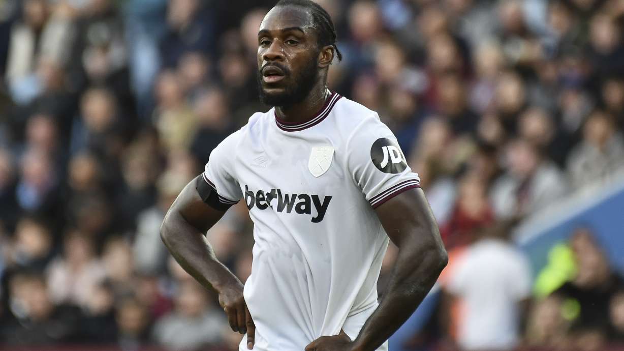FILE- West Ham's Michail Antonio looks on during the English Premier League soccer match between Aston Villa and West Ham United at Villa Park in Birmingham, England, Sunday, Oct. 22, 2023.
