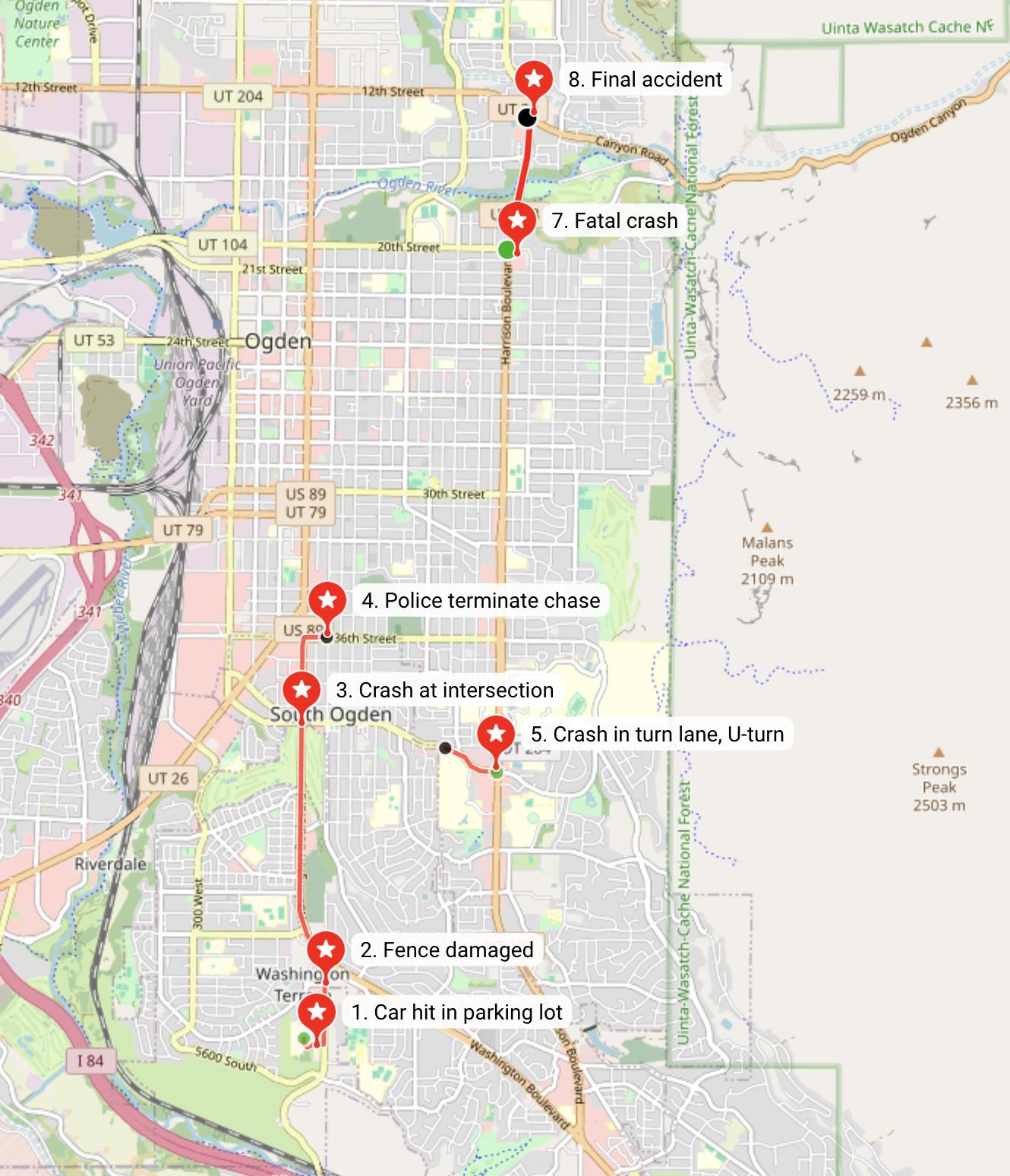 Map showing the alleged path of Tyson Treasure on Dec. 28. Gaps in the path are where charging documents did not specify Treasures route.