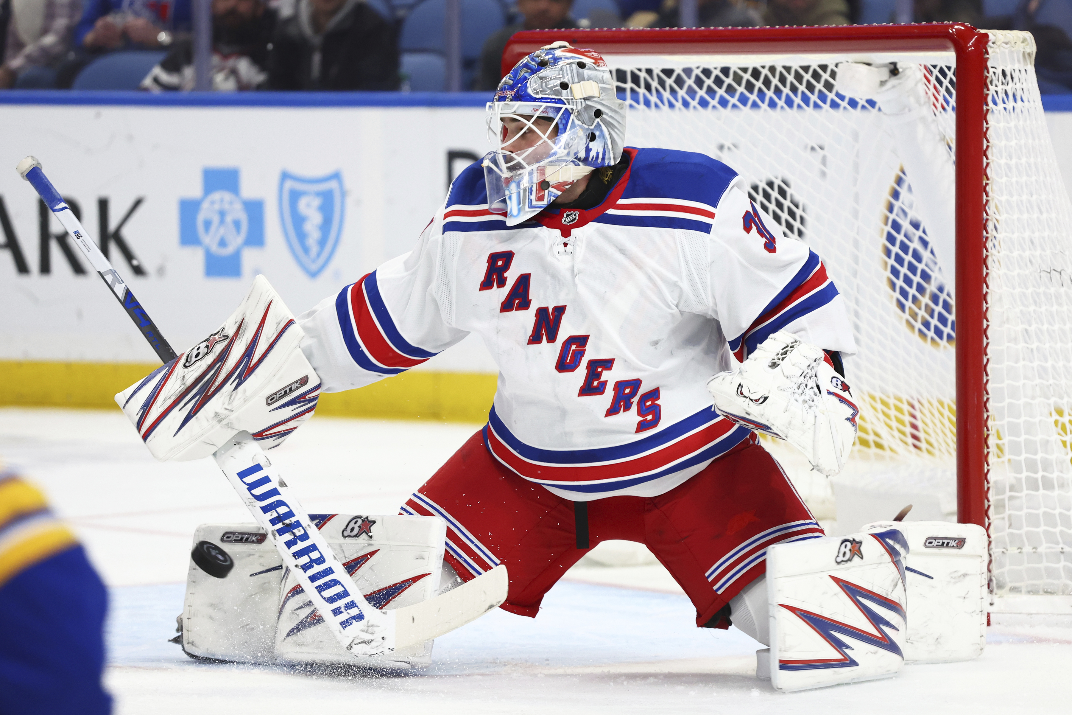 New York Rangers goaltender Igor Shesterkin (31) makes a pad save during the first period of an NHL hockey game against the Buffalo Sabres Wednesday, Dec. 11, 2024, in Buffalo, N.Y.