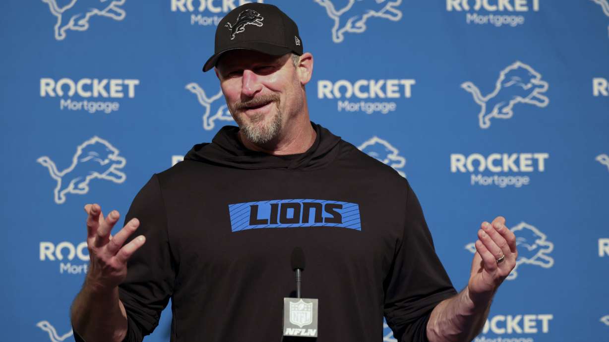 Detroit Lions head coach Dan Campbell answers questions after an NFL football game against the San Francisco 49ers, Monday, Dec. 30, 2024, in Santa Clara, Calif.