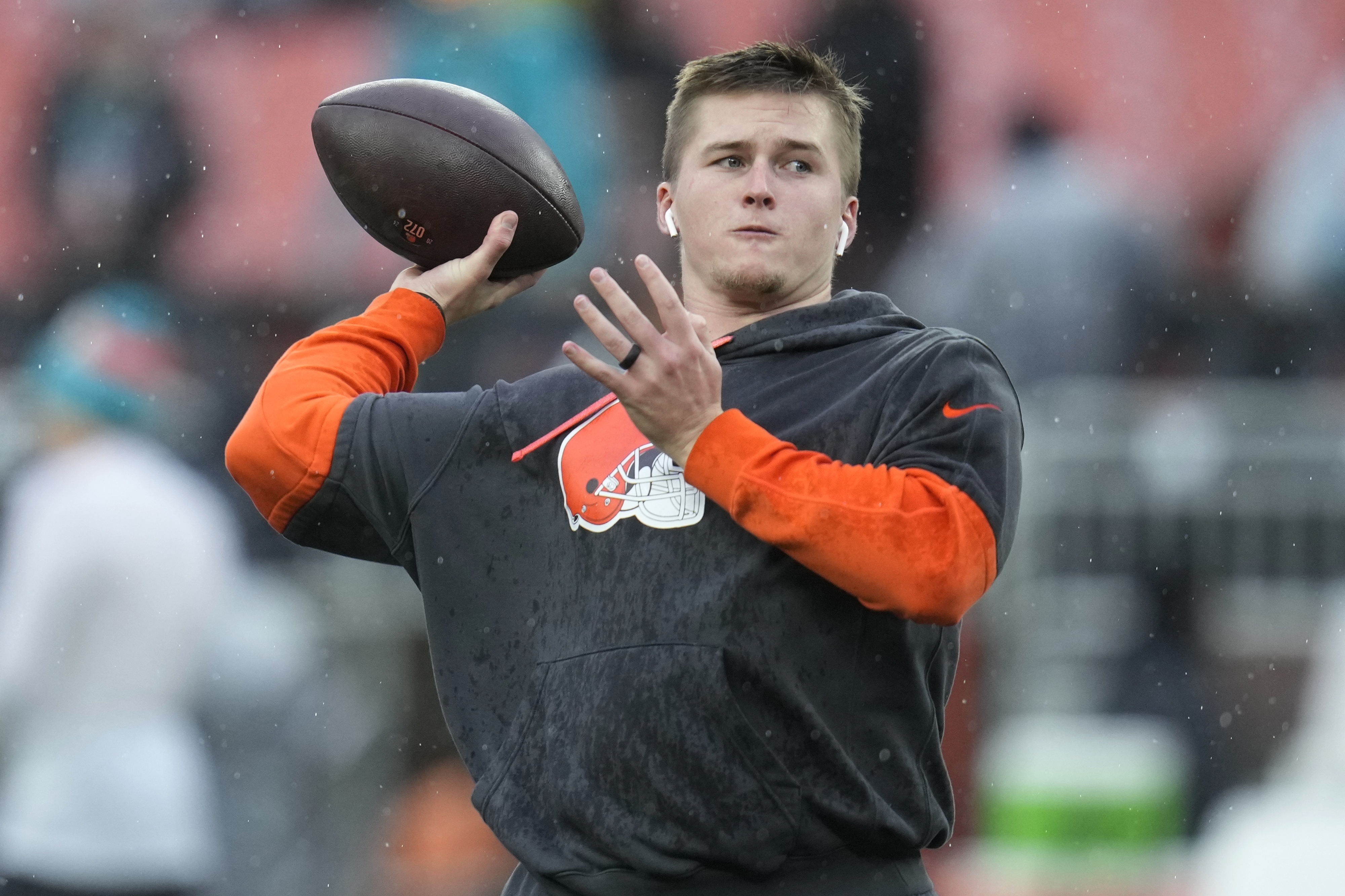 FILE - Cleveland Browns quarterback Bailey Zappe (2) warms up before an NFL football game against the Miami Dolphins in Cleveland, Sunday, Dec. 29, 2024.