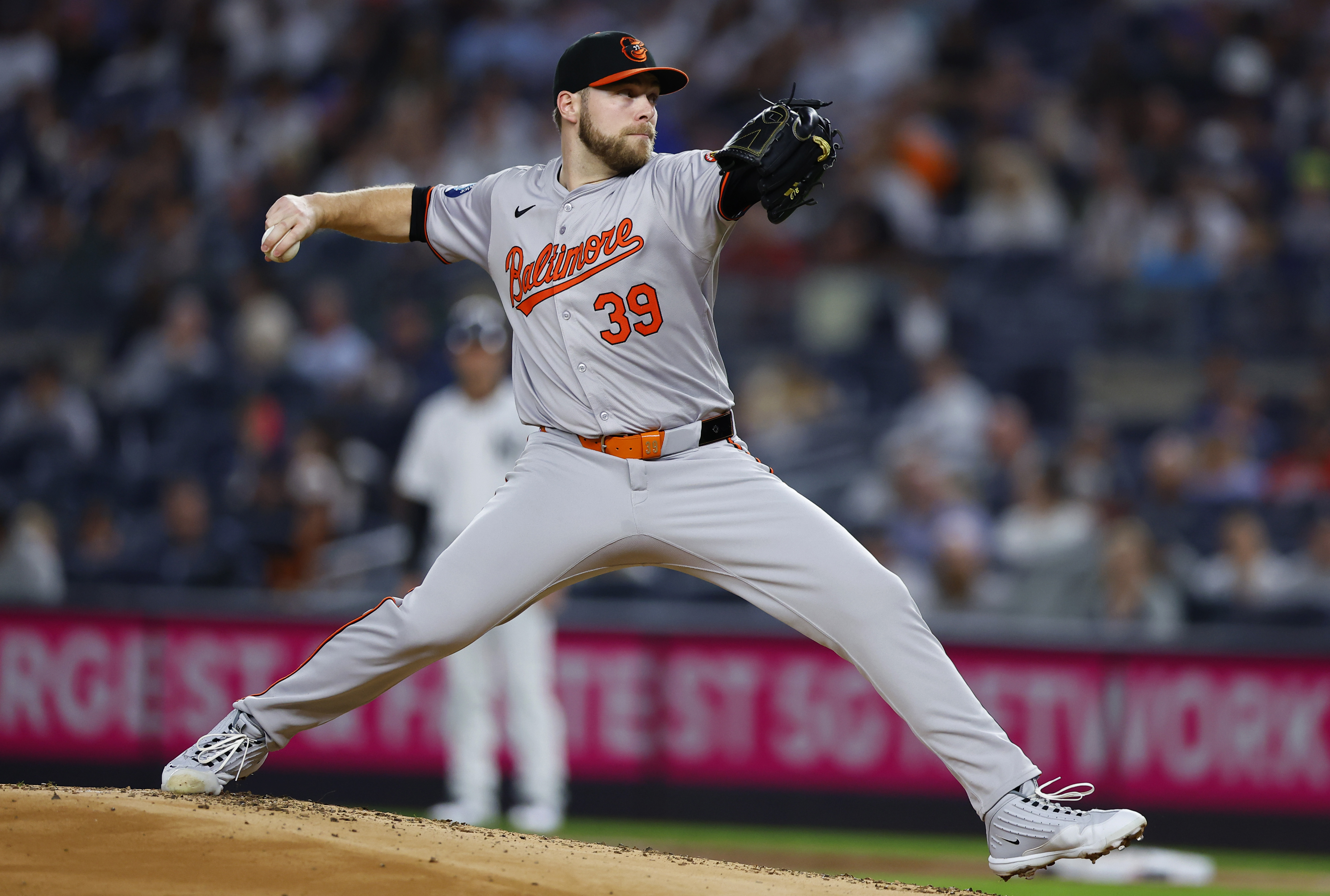 FILE - Baltimore Orioles' Corbin Burnes pitches during the first inning of a baseball game against New York Yankees, Thursday, Sept. 26, 2024, in New York.