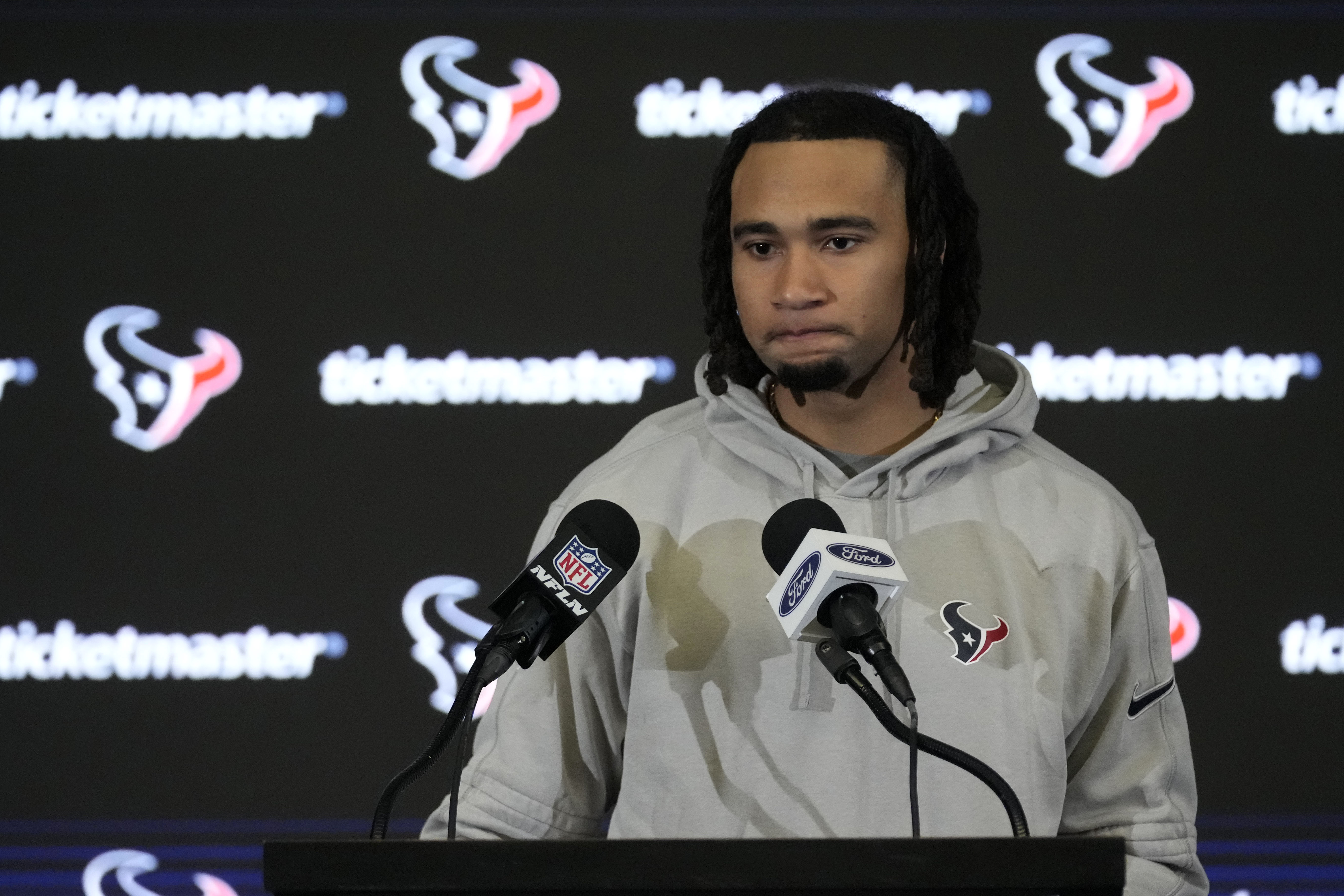 Houston Texans quarterback C.J. Stroud speaks during a news conference after an NFL football game against the Baltimore Ravens, Wednesday, Dec. 25, 2024, in Houston.