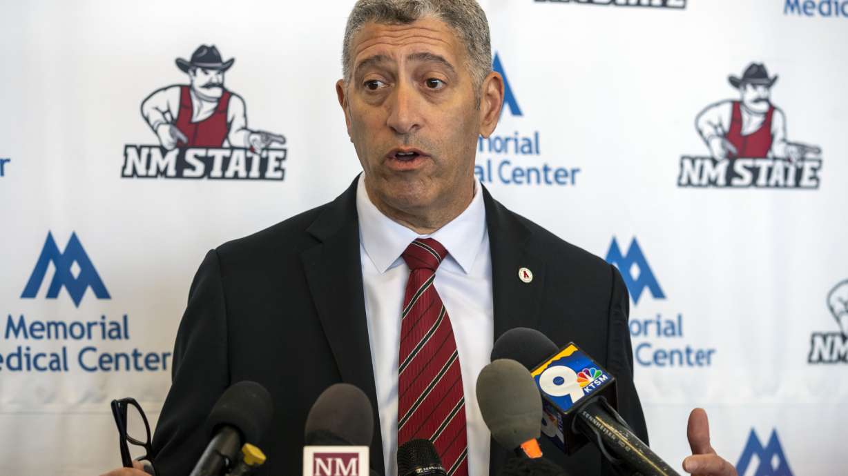 FILE - New Mexico State athletic director Mario Moccia speaks during a news conference Wednesday, Feb. 15, 2023, in Las Cruces, N.M.