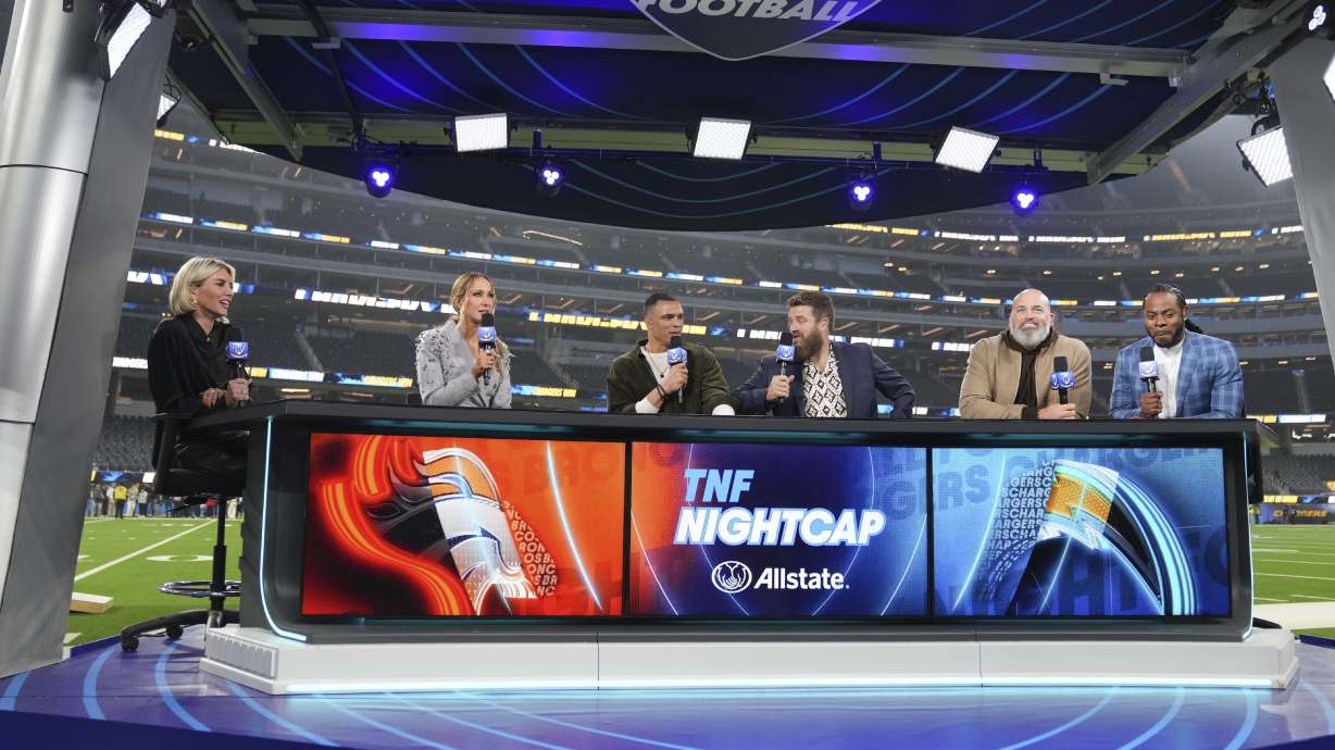 Nikki Glaser, second from left, participates in a segment with the Thursday Night Football crew after an NFL football game between the Los Angeles Chargers and the Denver Broncos, Thursday, Dec. 19, 2024, in Inglewood, Calif.
