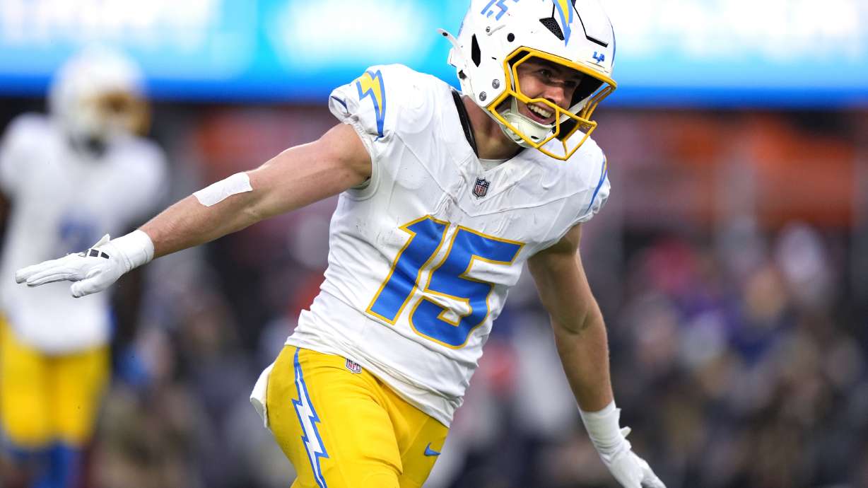 Los Angeles Chargers wide receiver Ladd McConkey celebrates after his touchdown during the second half of an NFL football game against the New England Patriots, Saturday, Dec. 28, 2024, in Foxborough, Mass.