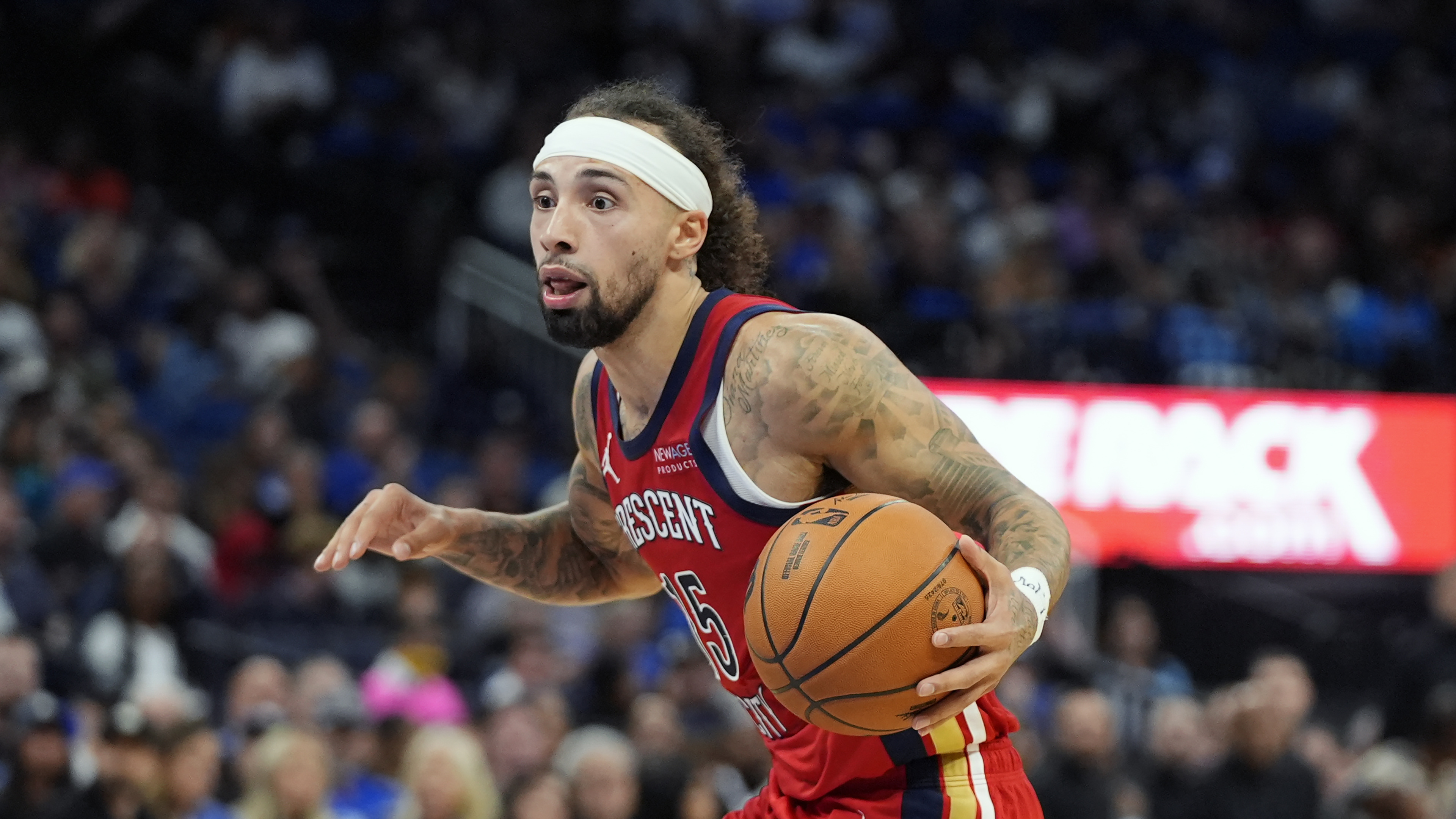 FILE - New Orleans Pelicans guard Jose Alvarado drives to the basket during the second half of an NBA basketball game against the Orlando Magic, Nov. 8, 2024, in Orlando, Fla.