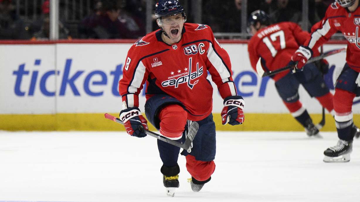 Washington Capitals left wing Alex Ovechkin (8) celebrates his goal during the second period of an NHL hockey game against the Minnesota Wild, Thursday, Jan. 2, 2025, in Washington.