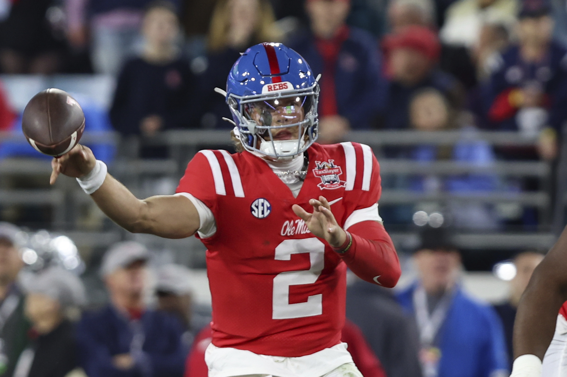 Mississippi quarterback Jaxson Dart (2) throws a pass during the first quarter of the Gator Bowl NCAA college football game against Duke, Thursday, Jan. 2, 2025, in Jacksonville, Fla.