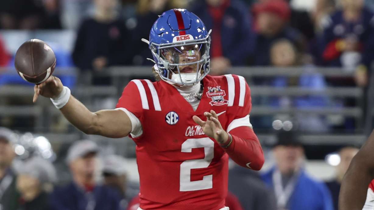 Mississippi quarterback Jaxson Dart (2) throws a pass during the first quarter of the Gator Bowl NCAA college football game against Duke, Thursday, Jan. 2, 2025, in Jacksonville, Fla.