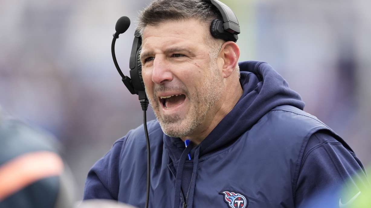 FILE - Tennessee Titans head coach Mike Vrabel argues a call during the first half of an NFL football game against the Jacksonville Jaguars Sunday, Jan. 7, 2024, in Nashville, Tenn.