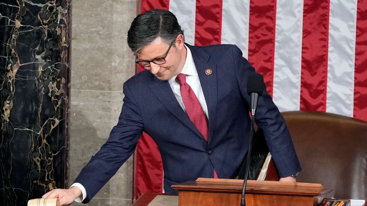 Then Speaker-elect Rep. Mike Johnson, R-La., puts the gavel down before speaking at the Capitol in Washington, Oct. 25, 2023. The House of Representatives is electing a leader on Friday.