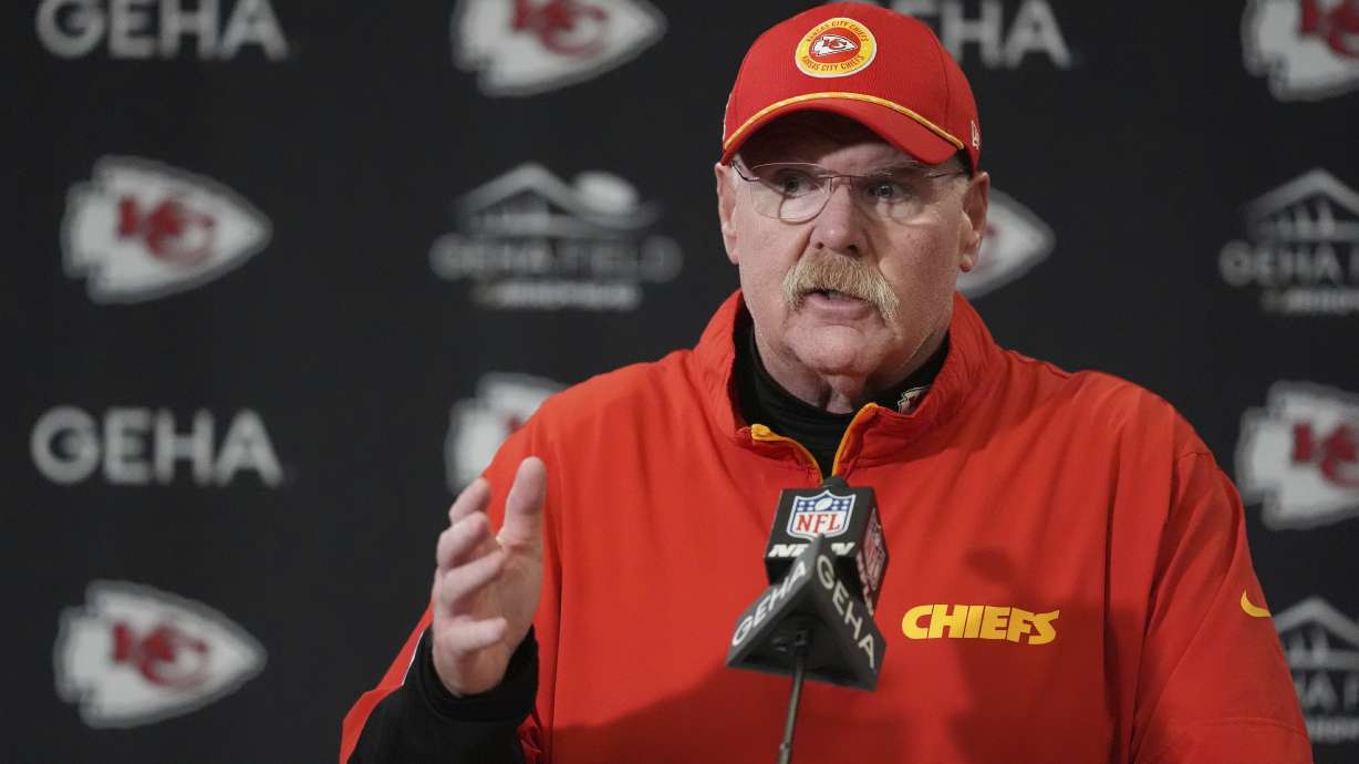 Kansas City Chiefs head coach Andy Reid speaks during a news conference following an NFL football game against the Houston Texans Saturday, Dec. 21, 2024, in Kansas City, Mo. The Chiefs won 27-19.