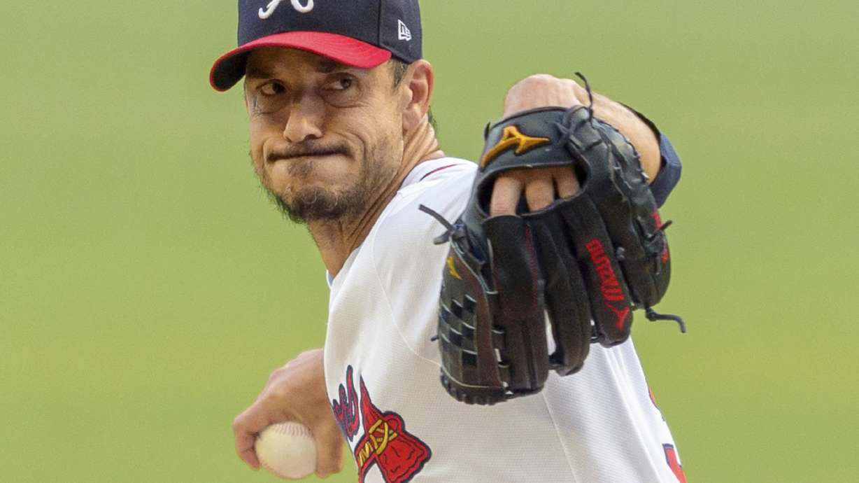 FILE - Atlanta Braves pitcher Charlie Morton throws in the first inning of a make-up baseball game against the Cincinnati Reds, Monday, Sept. 9, 2024, in Atlanta.