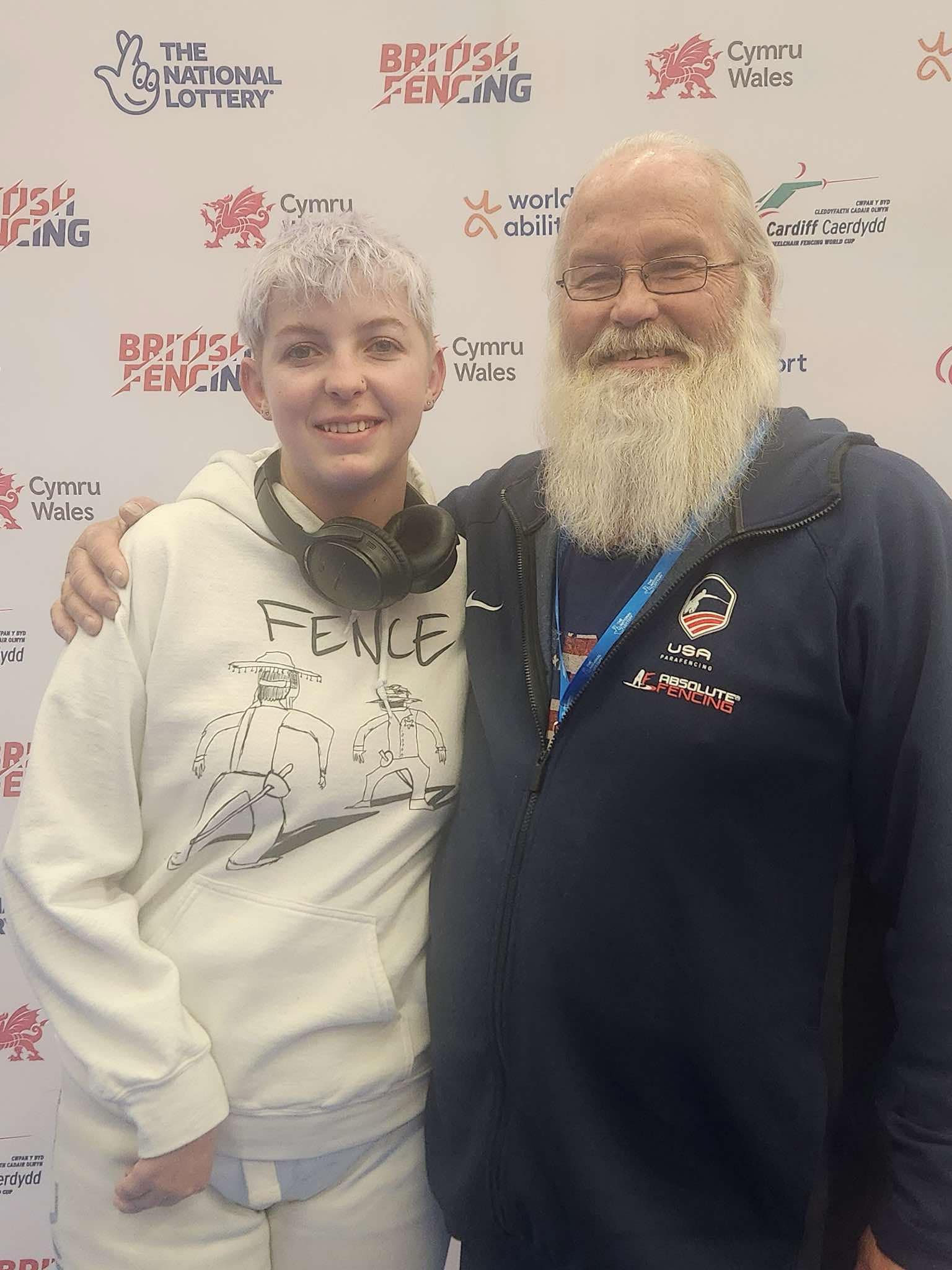 Shelby Jensen Mitchell and her father Jed Jensen at a world cup fencing tournament in Cardiff, Wales.