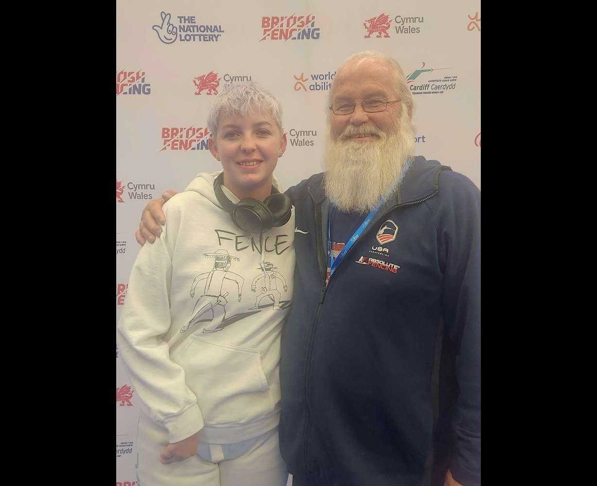 Shelby Jensen Mitchell and her father Jed Jensen at a world cup fencing tournament in Cardiff, Wales.