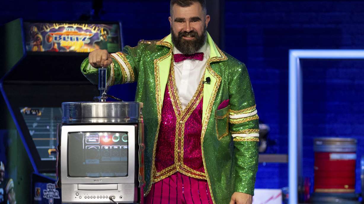 Former NFL player and ESPN analyst Jason Kelce introduces the final segment during the taping of "They Call It Late Night with Jason Kelce", Friday, Jan. 3, 2025, in Philadelphia.