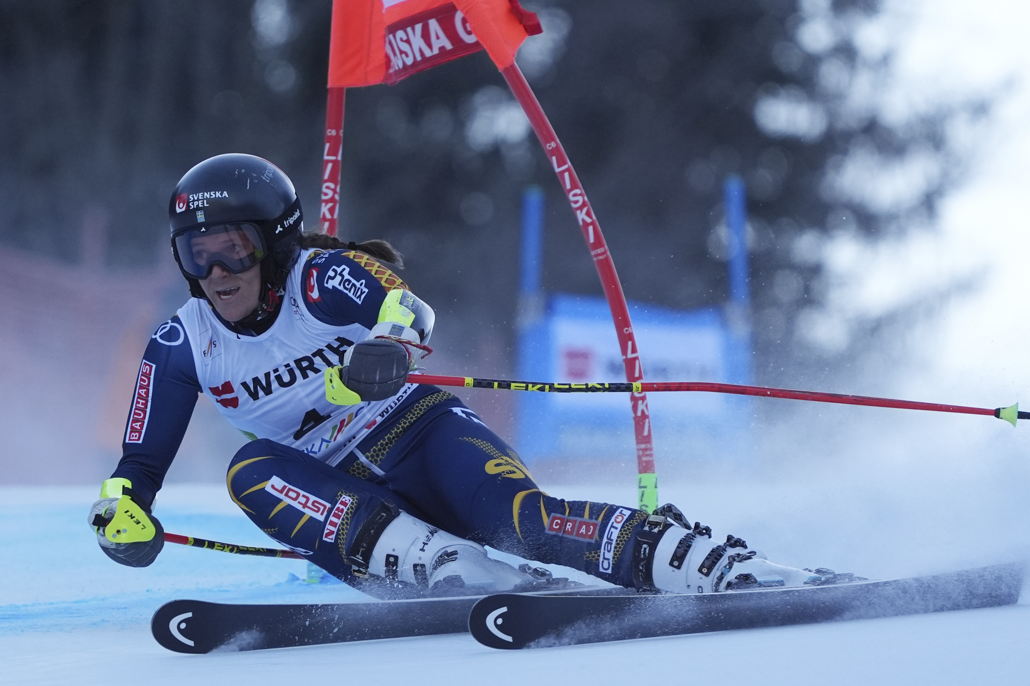 Sweden's Sara Hector speeds down the course during an alpine ski, women's World Cup giant slalom race in Kranjska Gora, Slovenia, Saturday, Jan. 4, 2025.