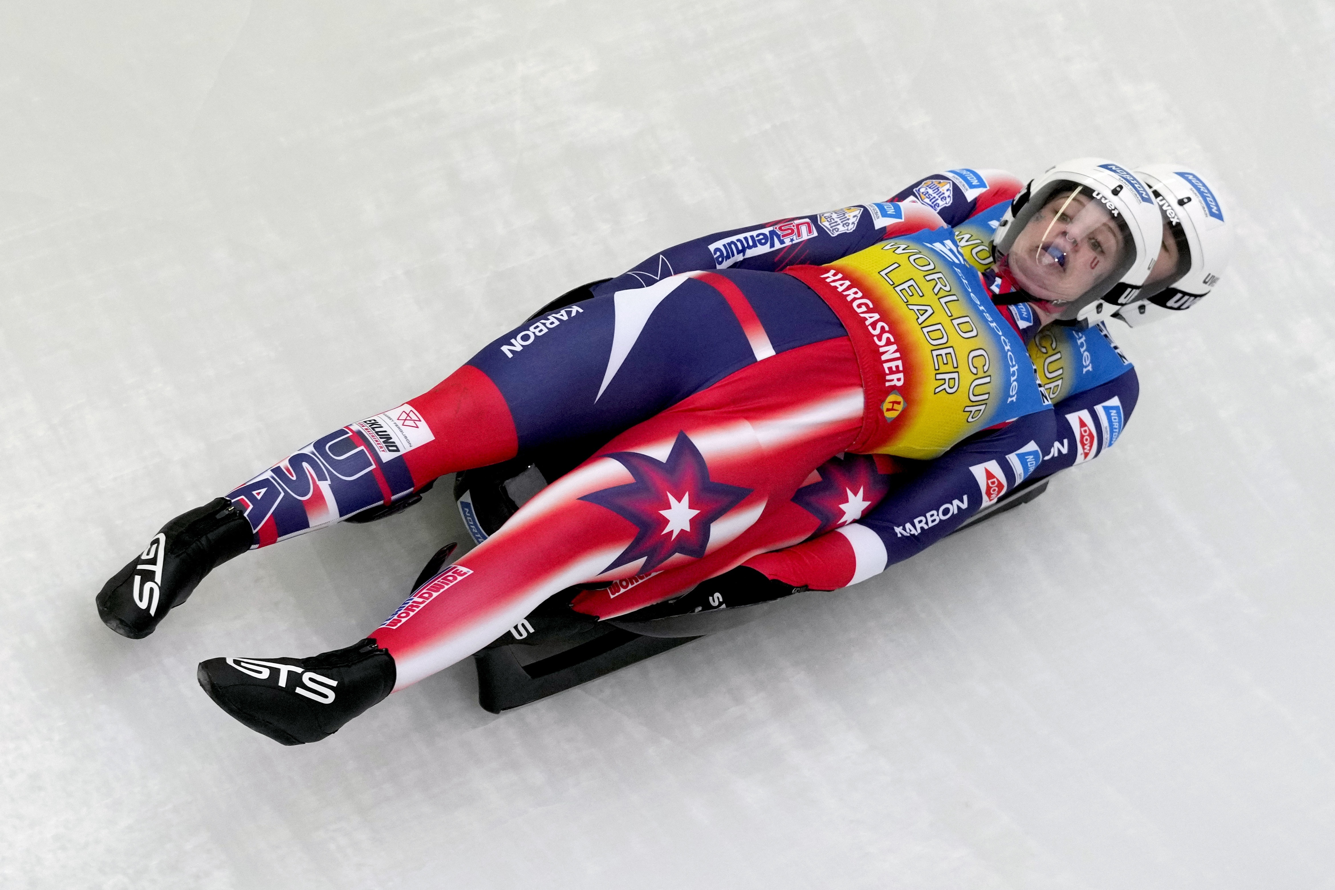Chevonne Chelsea Forgan and Sophia Kirkby of the United States compete during the women's sprint race at the Luge World Cup in Igls near Innsbruck, Austria, Saturday, Dec. 7, 2024. 