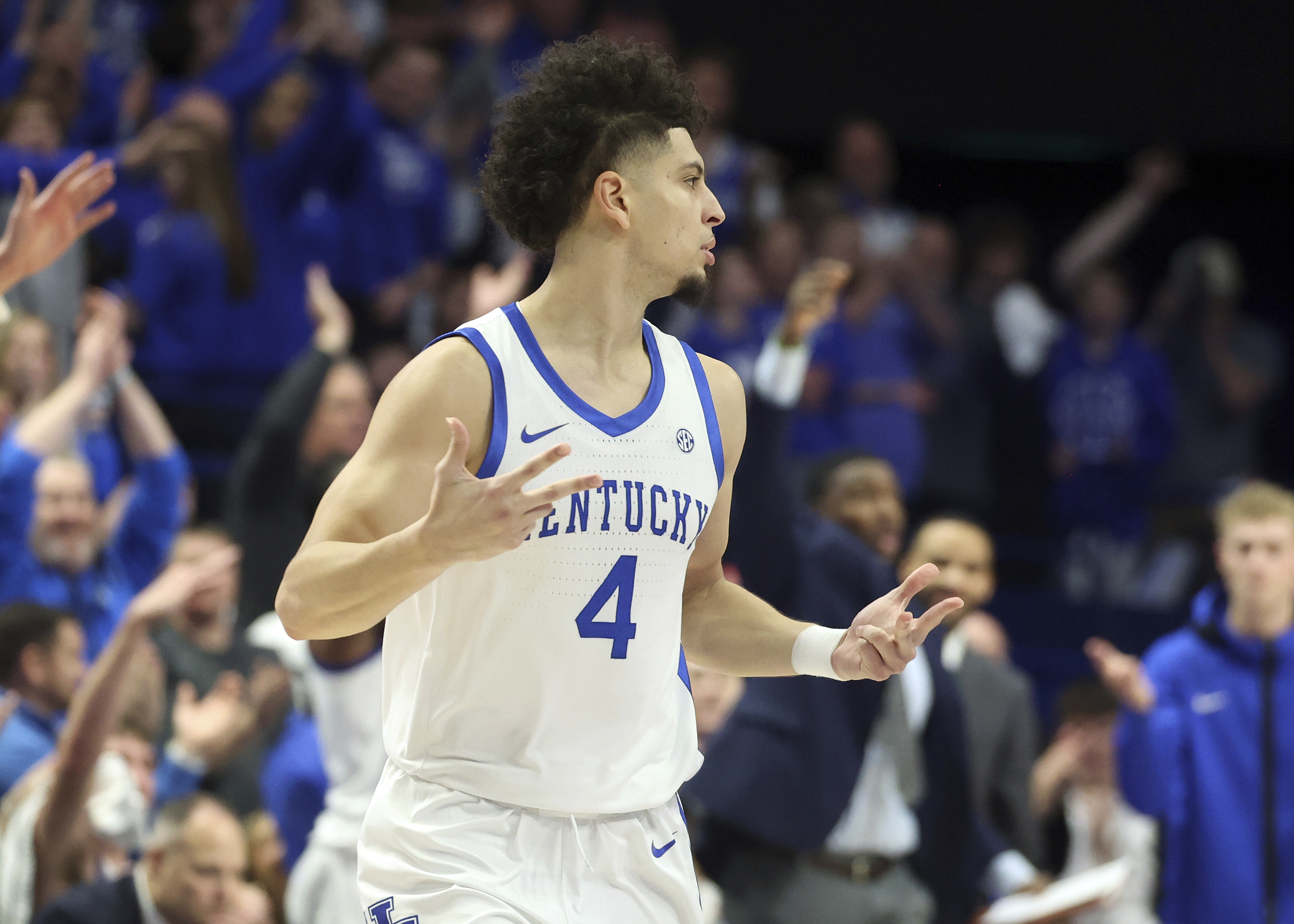 Kentucky's Koby Brea (4) celebrates his 3-point shot in the second half of an NCAA college basketball game against Florida in Lexington, Ky., Saturday, Jan. 4, 2025.